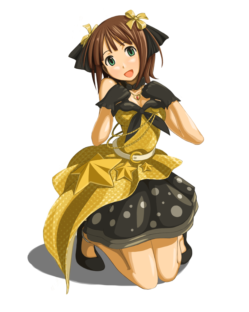 baakurou, 961 production, amami haruka, idolmaster, idolmaster (classic), live for venus, 00s, 1girl, dress, female focus, full body, gloves, hair ribbon, kneeling, ribbon, solo, star (symbol), transparent background