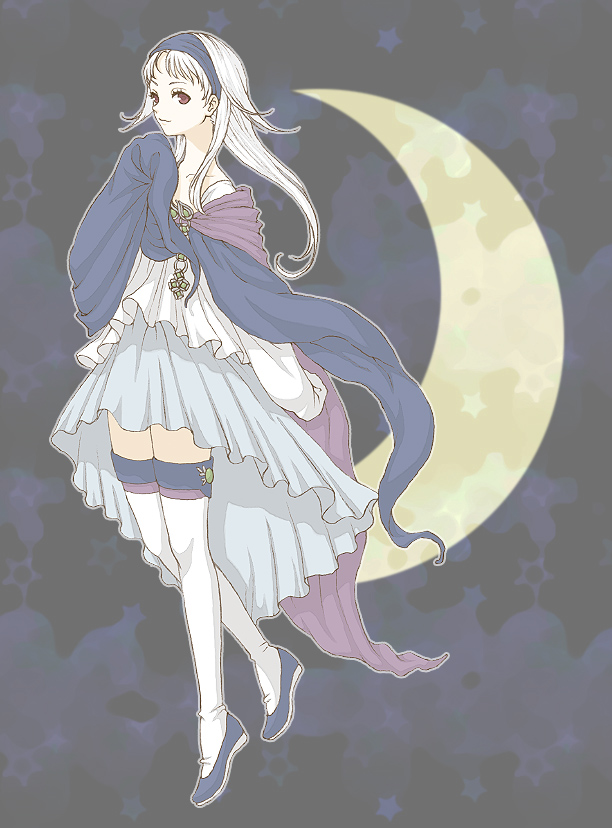 fuku imo, sierra mikain, gensou suikoden, gensou suikoden ii, bad id, bad pixiv id, cape, dress, moon, red eyes, solo, thighhighs, vampire, white hair