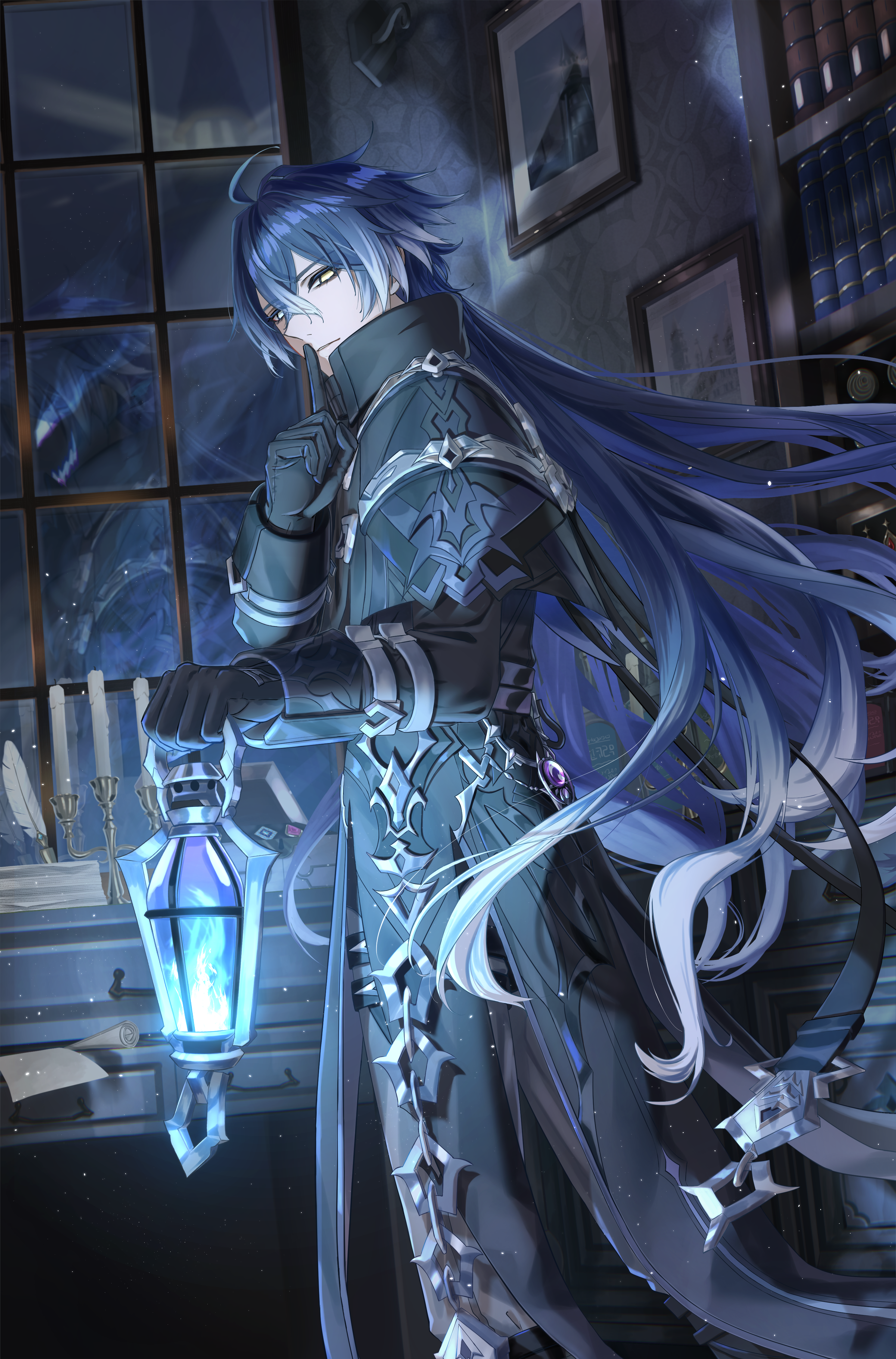 warp226, flins (genshin impact), genshin impact, absurdres, commentary request, highres, making-of available, 1boy, ahoge, belt, black belt, black coat, black gloves, blue hair, book, bookshelf, candelabra, candlestand, coat, finger to mouth, gloves, gradient eyes, hair between eyes, holding, holding lantern, indoors, lantern, long hair, long sleeves, looking at viewer, looking to the side, male focus, multicolored eyes, night, paper stack, parted lips, picture frame, shushing, solo, very long hair, white hair, yellow eyes