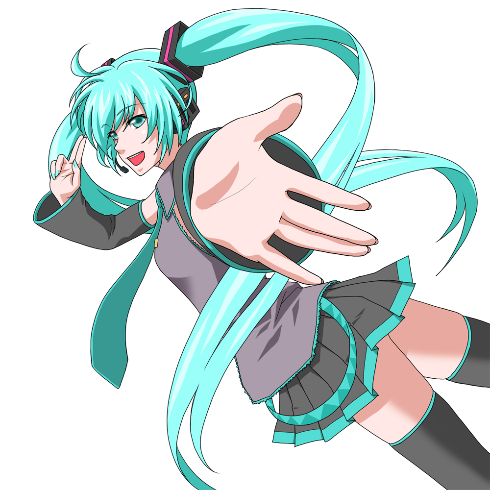 lapis, hatsune miku, vocaloid, bad id, bad pixiv id, detached sleeves, foreshortening, green eyes, green hair, long hair, necktie, ribbon, skirt, solo, thighhighs, twintails