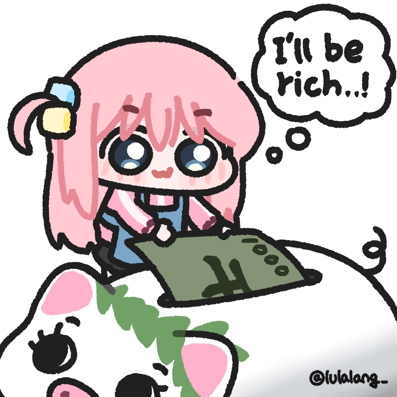 lulalang, gotoh hitori, bocchi the rock!, 1girl, apron, banknote, chibi, english text, mini person, minigirl, money, piggy bank, speech bubble, thought bubble