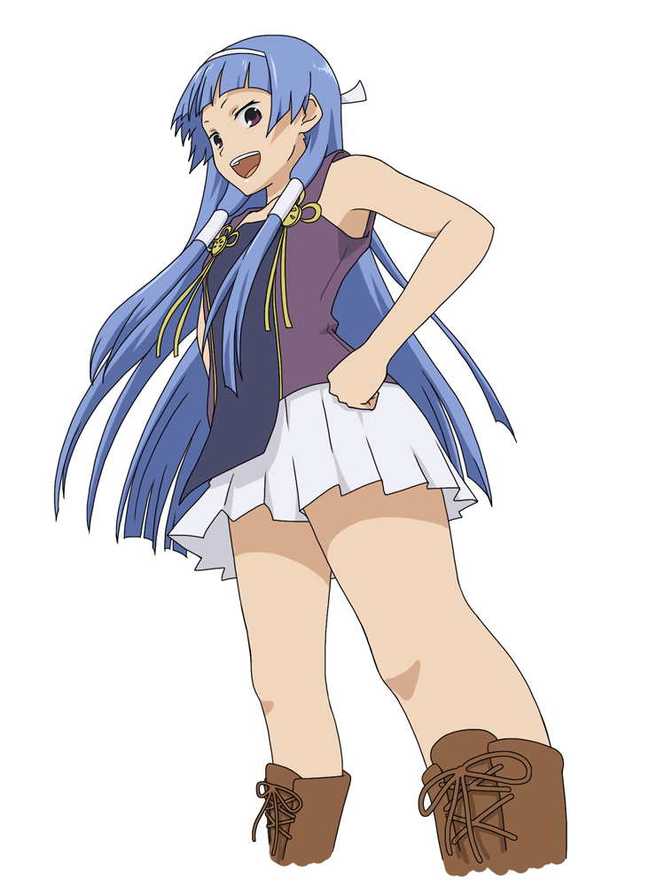 lapis, nagi, kannagi, 00s, 1girl, blue hair, blunt bangs, boots, female focus, hair ornament, hair tubes, hairband, long hair, miniskirt, pleated skirt, purple eyes, skirt, smile, solo, standing, white skirt
