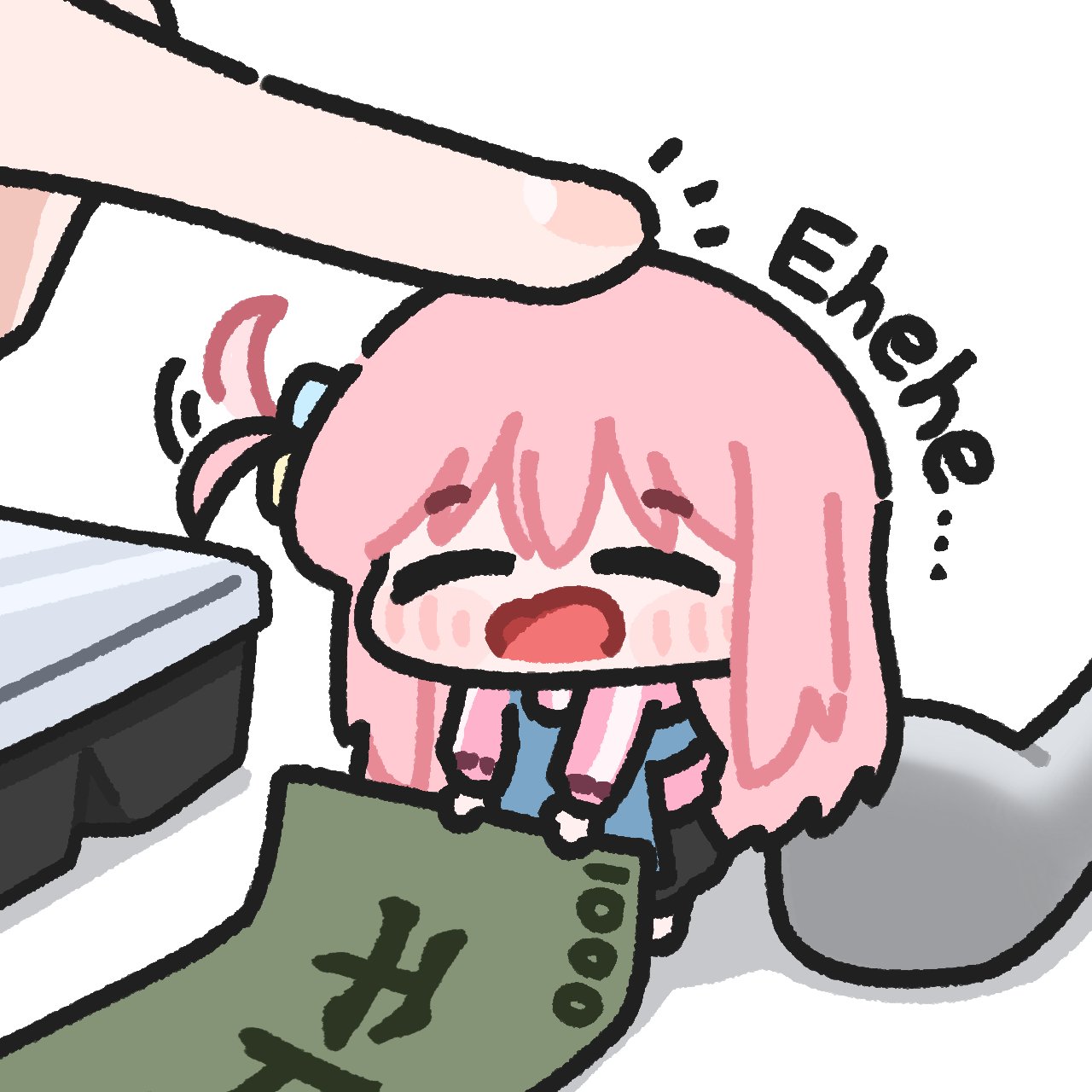 lulalang, gotoh hitori, bocchi the rock!, 1girl, apron, banknote, barcode, barcode scanner, blush, chibi, closed eyes, english text, headpat, mini person, minigirl, money, pink hair, solo focus, speech bubble