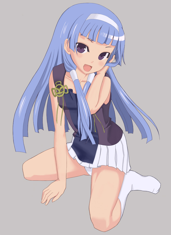 avocado (artist), chomoruze, nagi, kannagi, bad id, bad pixiv id, 00s, 1girl, blue hair, blunt bangs, female focus, hair ornament, hair tubes, hairband, long hair, miniskirt, panties, pantyshot, pleated skirt, purple eyes, skirt, smile, socks, solo, underwear, white skirt