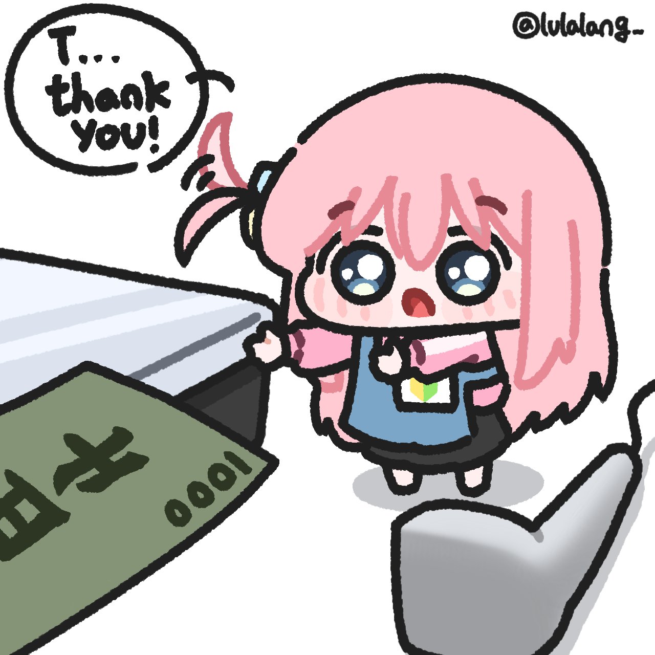 lulalang, gotoh hitori, bocchi the rock!, 1girl, apron, banknote, barcode, barcode scanner, blush, chibi, english text, mini person, minigirl, money, pink hair, speech bubble