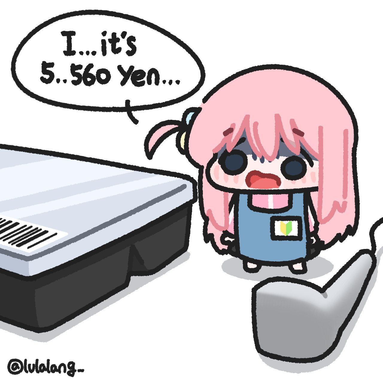 lulalang, gotoh hitori, bocchi the rock!, 1girl, apron, barcode, barcode scanner, blush, chibi, english text, mini person, minigirl, pink hair, solo, speech bubble