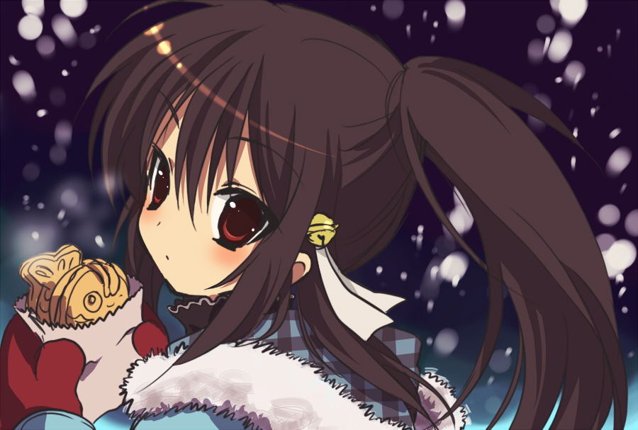 sacraneco, natsume rin, little busters!, plaid, bad id, bad pixiv id, coat, food, gloves, ponytail, snow, solo, taiyaki, wagashi