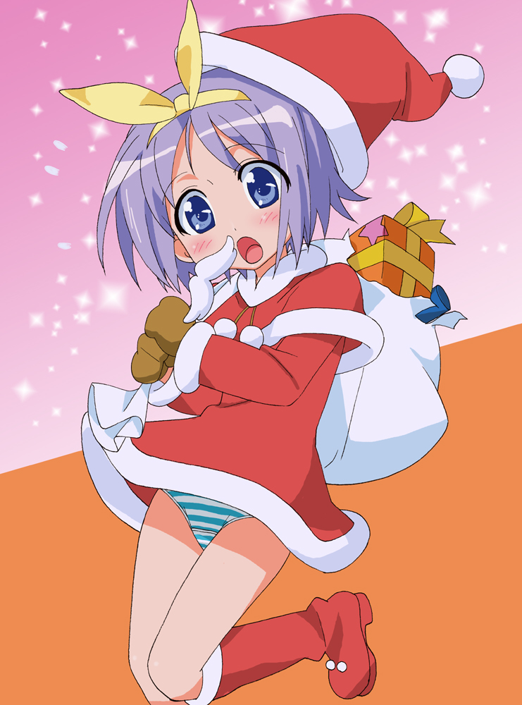 okiyumi kase, hiiragi tsukasa, lucky star, 00s, bag, blue eyes, boots, capelet, christmas, facial hair, gift, hat, mittens, mustache, panties, purple hair, ribbon, sack, santa costume, santa hat, short hair, solo, striped clothes, striped panties, underwear