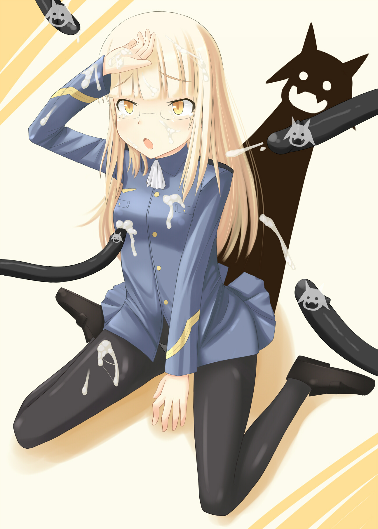 rinyan suzu, perrine h. clostermann, strike witches, world witches series, bad id, bad pixiv id, highres, 00s, 1girl, blonde hair, cat, cat tail, cum, cum on body, cum on clothes, cum on lower body, facial, female focus, glasses, long hair, panties, panties under pantyhose, pantyhose, solo, tail, underwear, yellow eyes