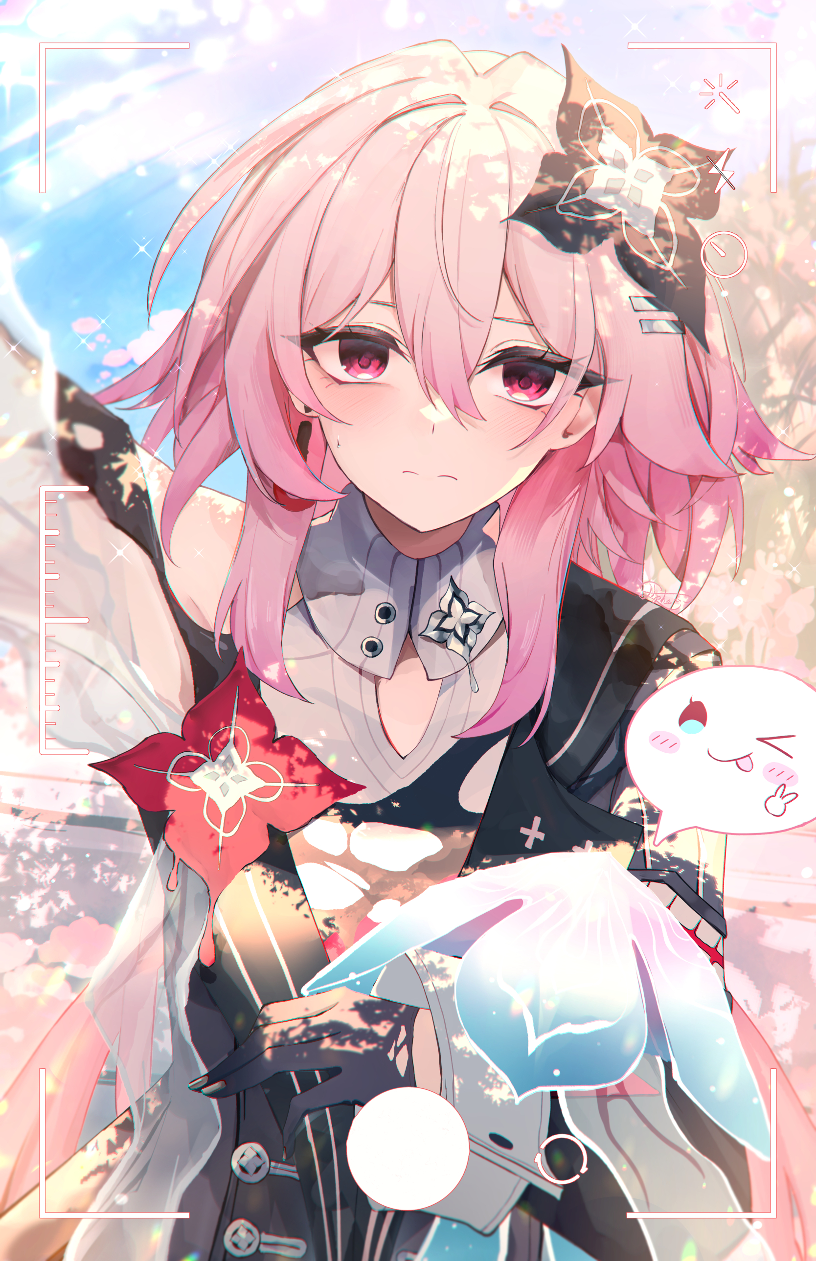elphe, evernight (honkai: star rail), march 7th (honkai: star rail), honkai: star rail, honkai (series), absurdres, highres, 1girl, black gloves, blush, closed mouth, dress, earrings, flower, gloves, hair between eyes, hair flower, hair ornament, hand up, jewelry, long hair, long sleeves, looking at viewer, official alternate costume, official alternate eye color, official alternate hair length, official alternate hairstyle, pink hair, red eyes, single bare shoulder, single earring, viewfinder