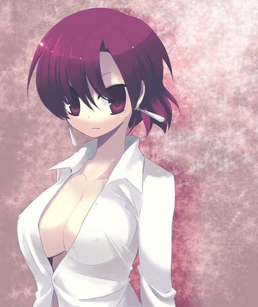 yuzuki gao, bazett fraga mcremitz, fate/hollow ataraxia, fate/stay night, fate (series), type-moon, image sample, pixiv sample, resized, 00s, 1girl, breasts, cleavage, earrings, female focus, jewelry, large breasts, open clothes, open shirt, purple eyes, purple hair, shirt, solo