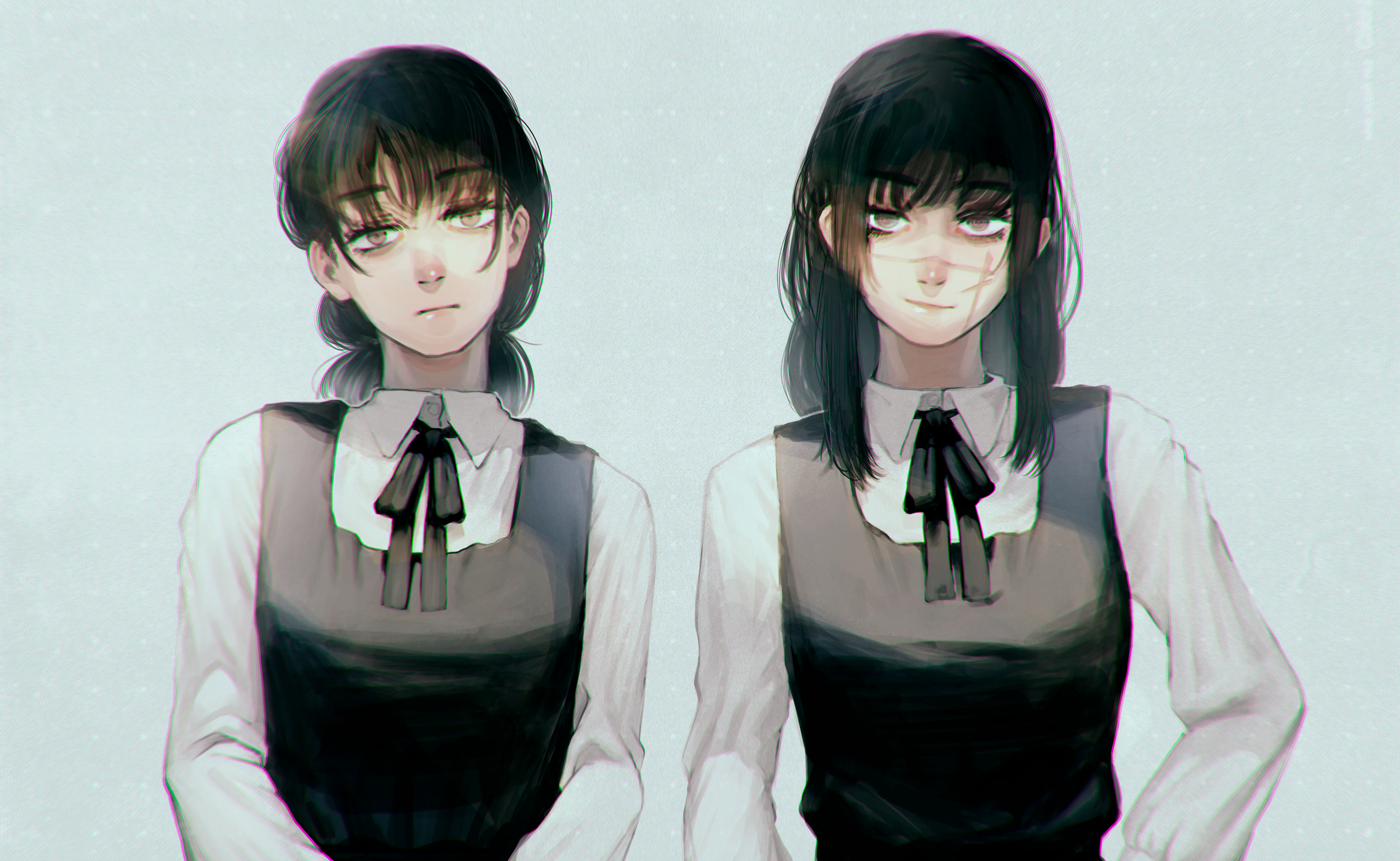 mumumi, mitaka asa, yoru (chainsaw man), chainsaw man, commentary, highres, 2girls, black dress, black hair, black ribbon, cross scar, dress, dress shirt, dual persona, expressionless, head tilt, light smile, long sleeves, looking at viewer, multiple girls, neck ribbon, pinafore dress, ribbon, ringed eyes, scar, scar on face, school uniform, shirt, sleeveless, sleeveless dress, upper body, white shirt, yellow eyes