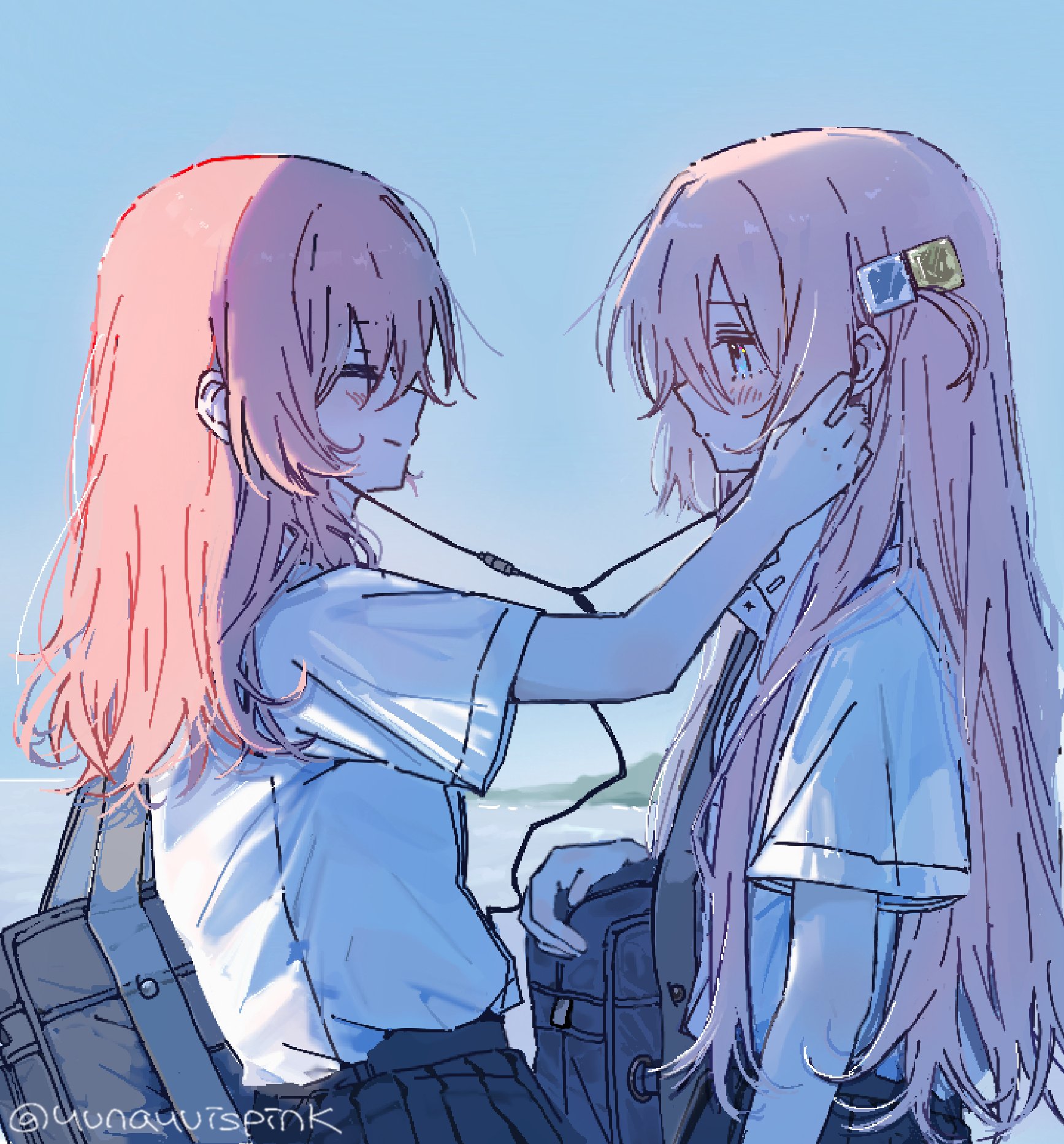 yunayuispink, gotoh hitori, kita ikuyo, bocchi the rock!, highres, 2girls, backlighting, bag, black skirt, blue eyes, closed eyes, closed mouth, cube hair ornament, earphones, hair between eyes, hair ornament, looking at another, multiple girls, one side up, pink hair, red hair, school bag, school uniform, shared earphones, shirt, shirt tucked in, short sleeves, skirt, white shirt
