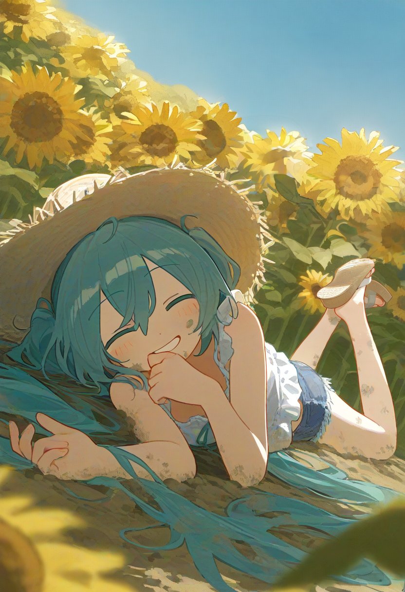 amesya2018, hatsune miku, vocaloid, highres, ^ ^, alternate costume, aqua eyes, blush, closed eyes, cutoffs, day, denim, denim shorts, dirty, double-parted bangs, feet up, field, flower, flower field, grin, hair between eyes, hair spread out, happy, hat, long bangs, long hair, lying, on ground, on stomach, outdoors, shirt, short shorts, shorts, sleeveless, sleeveless shirt, smile, straw hat, sunflower, sunflower field, sunlight, very long hair, white shirt, yellow flower