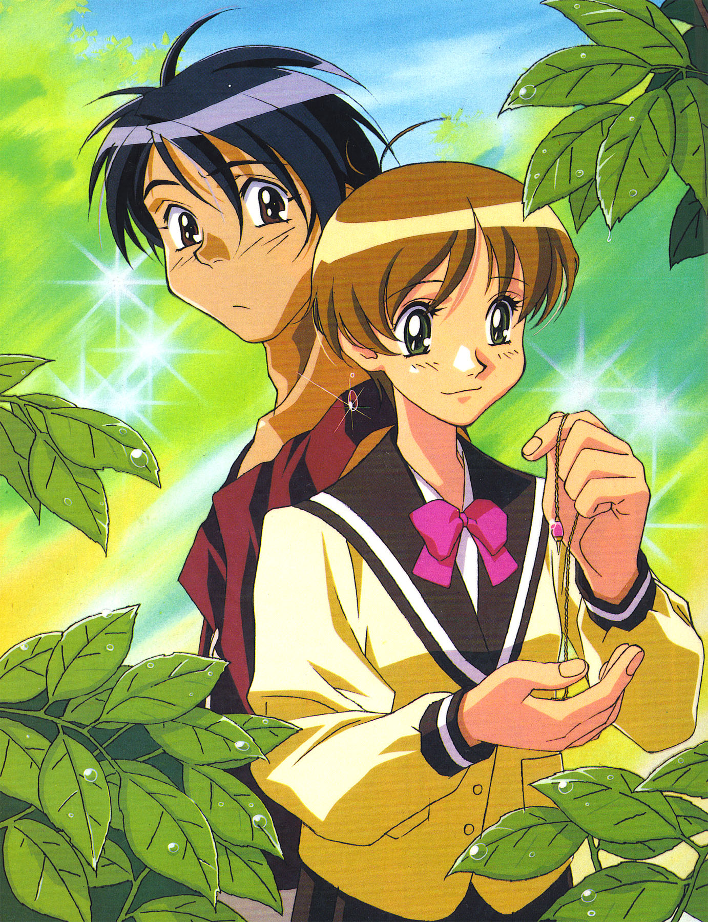 kanzaki hitomi, van fanel, tenkuu no escaflowne, highres, 1990s (style), 1boy, 1girl, black hair, bow, brown eyes, brown hair, dew drop, green eyes, jewelry, pendant, pink bow, retro artstyle, school uniform, short hair, water drop