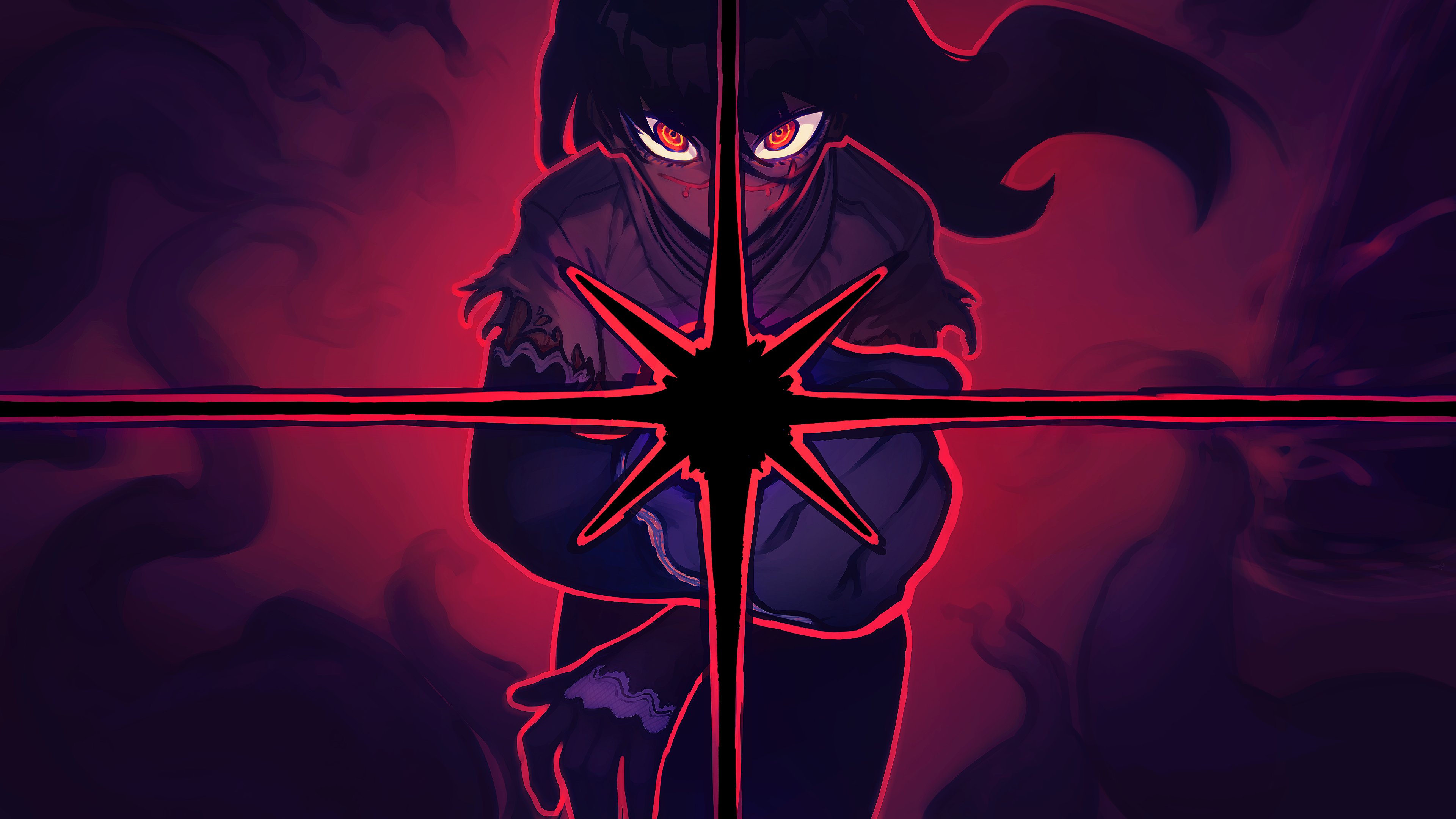 nominoparadox, mitaka asa, yoru (chainsaw man), chainsaw man, absurdres, highres, 1girl, black gloves, black hair, floating hair, frilled gloves, frills, gloves, long hair, pointing, pointing at viewer, red eyes, ringed eyes, scar, scar on face, shirt, solo, torn clothes, torn shirt