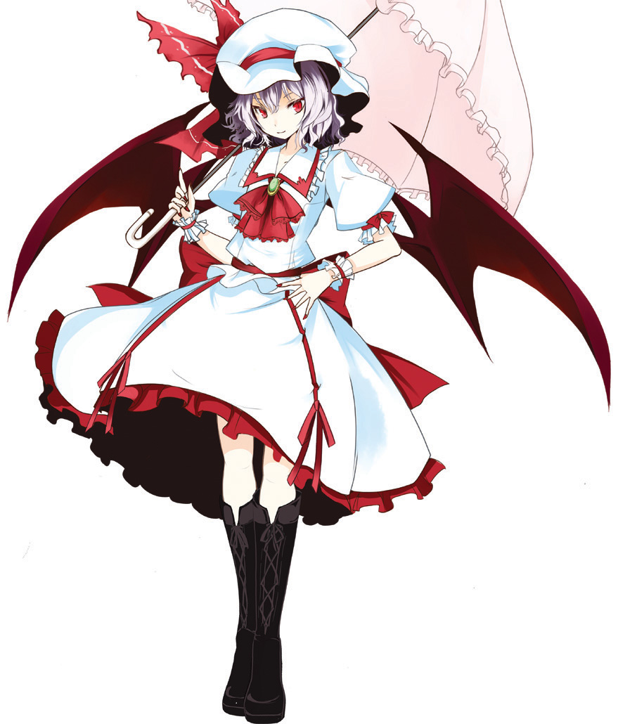 takaharu, remilia scarlet, touhou, bad id, bad pixiv id, 1girl, bat wings, blue hair, boots, dress, female focus, full body, hat, lace-up boots, parasol, purple hair, red eyes, ribbon, short hair, simple background, solo, standing, umbrella, white background, wings
