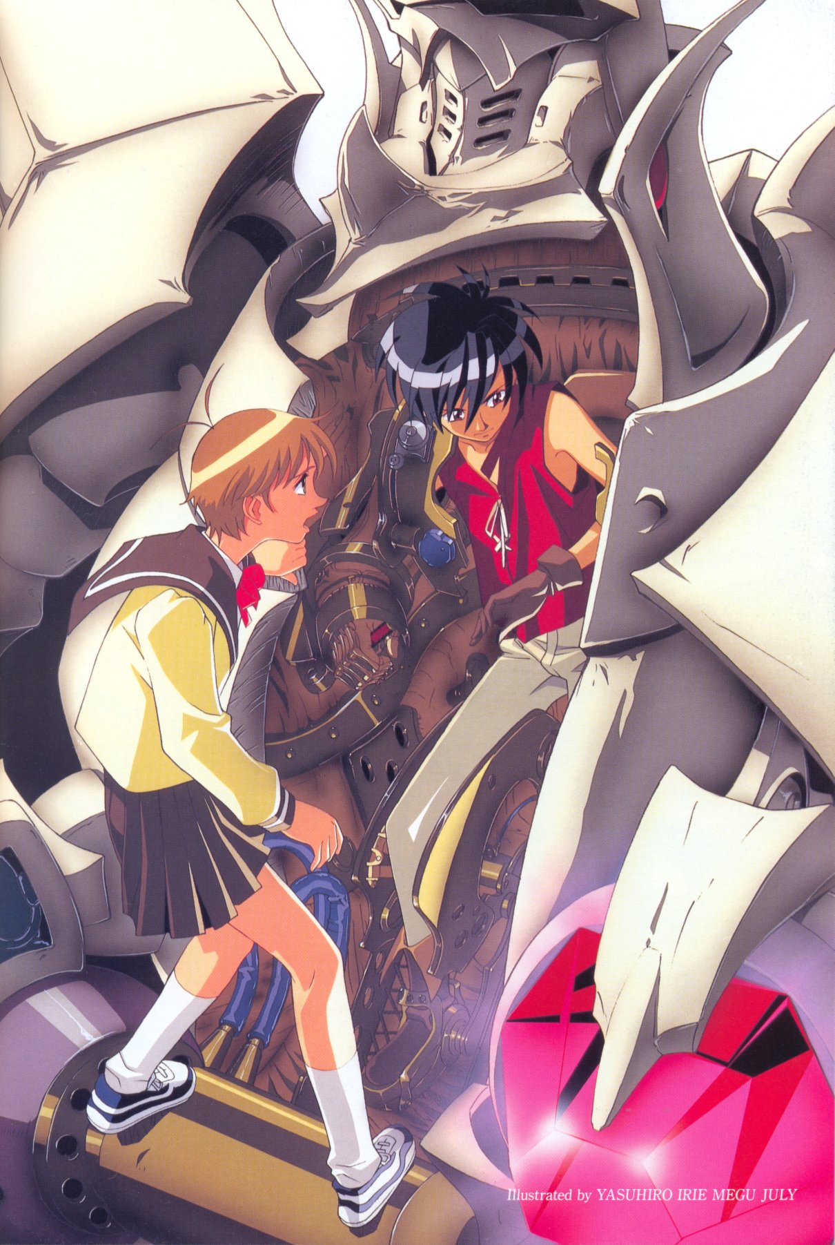 irie yasuhiro, yasuhiro irie, escaflowne, kanzaki hitomi, van fanel, tenkuu no escaflowne, highres, official art, 1990s (style), 1boy, 1girl, black hair, brown eyes, brown hair, english text, gloves, mecha, on mecha, retro artstyle, robot, school uniform, short hair