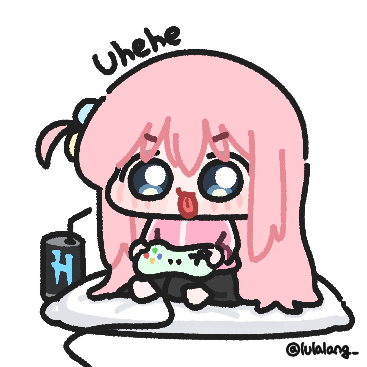 lulalang, gotoh hitori, bocchi the rock!, 1girl, blue eyes, can, chibi, controller, drink can, jacket, pillow, pink hair, playing games, sitting, skirt, soda can, tongue, tongue out