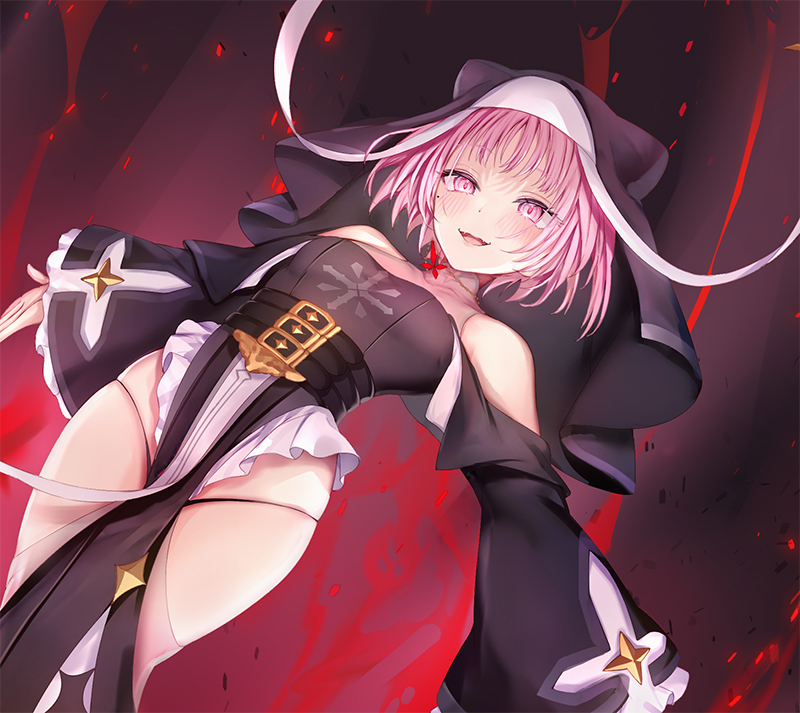 haishiki, commentary request, novel illustration, official art, 1girl, bare shoulders, belt, belt buckle, black belt, black veil, breasts, buckle, danshi kinsei game sekai de ore ga yarubeki yuiitsu no koto yuri no ma ni hasamaru otoko to shite tensei shite shimaimashita, demon girl, evil smile, fair lady (yurihasa), magic, mole, mole under eye, nun, open mouth, pelvic curtain, pink eyes, pink hair, short hair, small breasts, smile, solo, veil