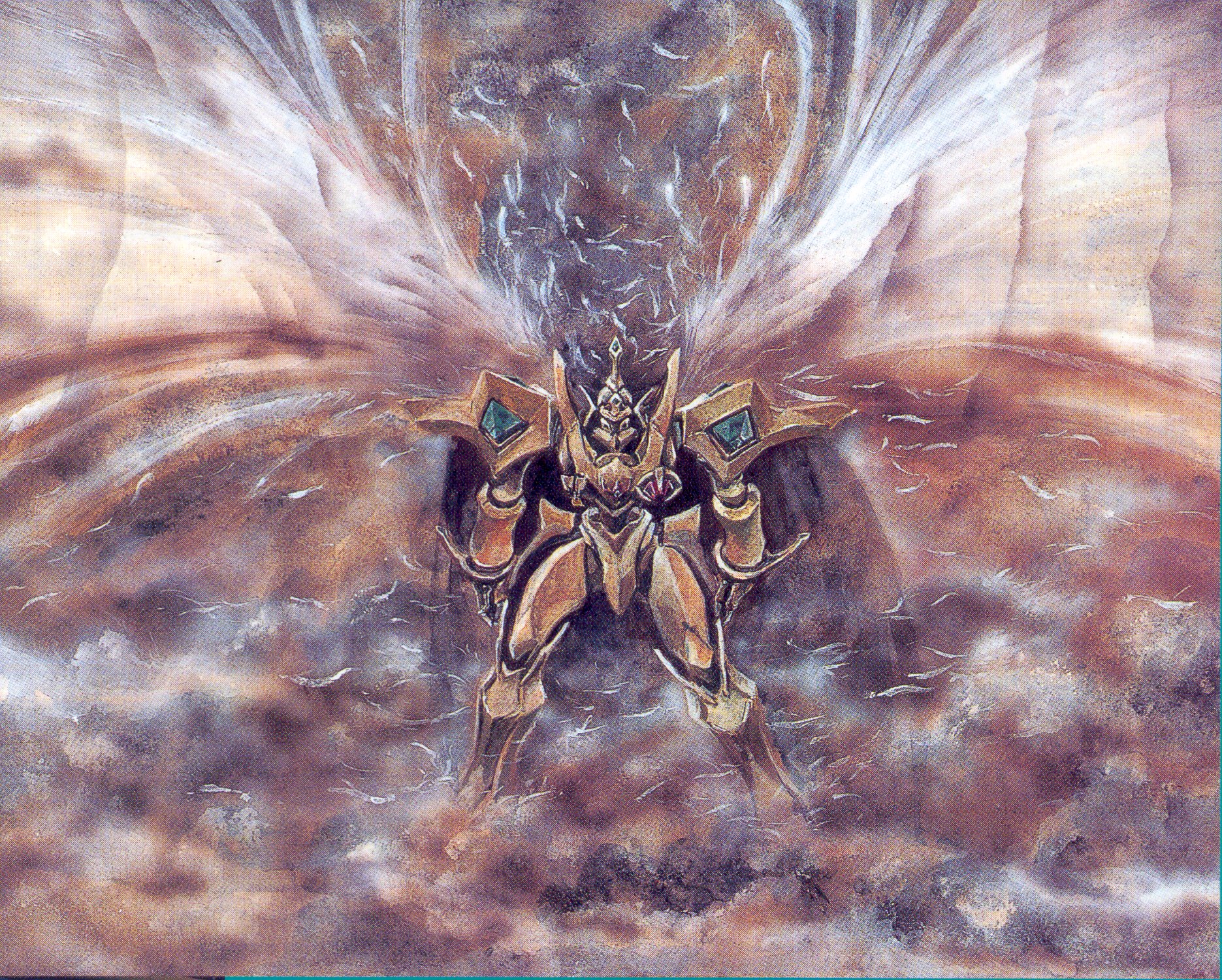 escaflowne, tenkuu no escaflowne, highres, 1990s (style), cape, feathers, mecha, no humans, retro artstyle, robot, solo, wings