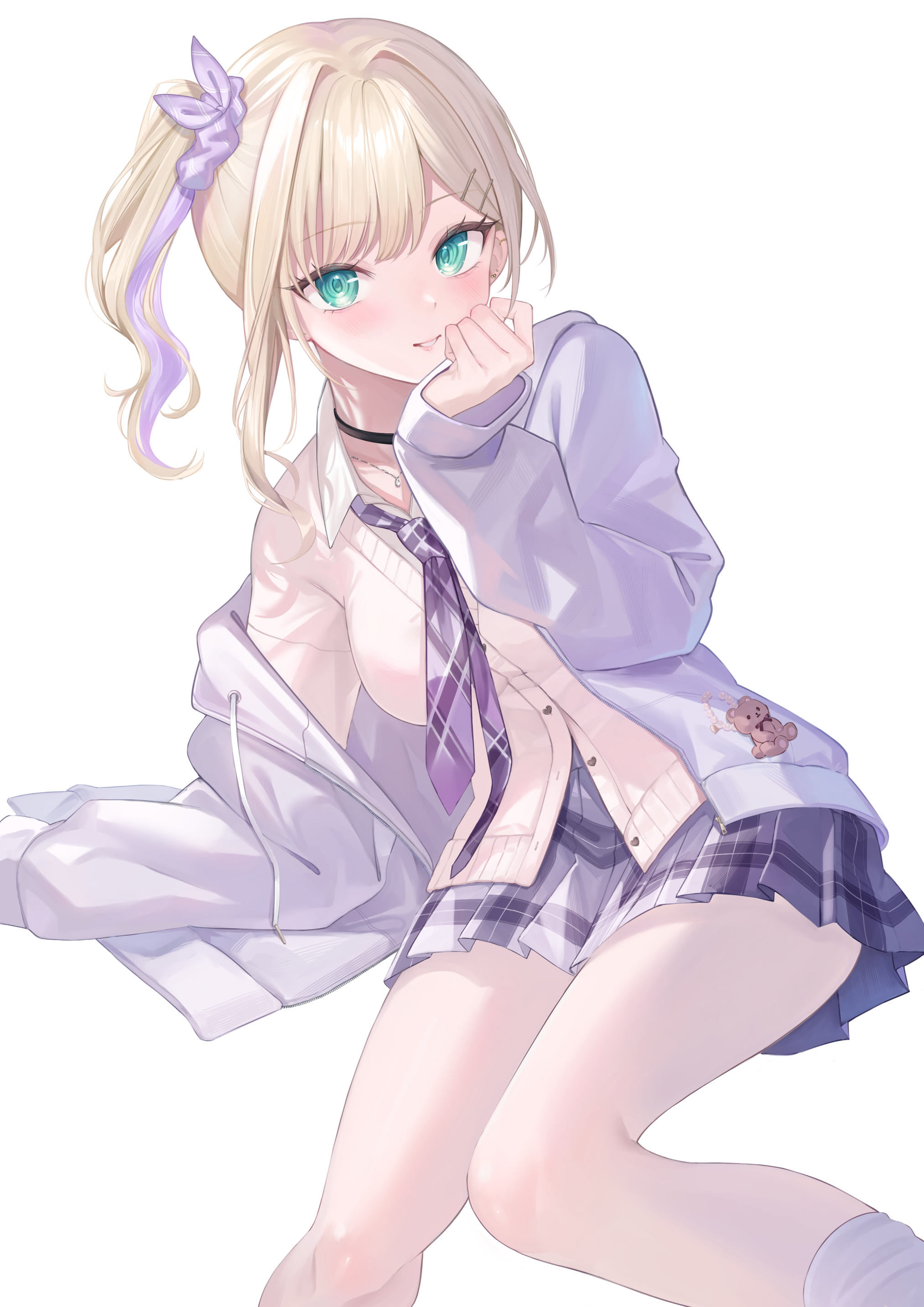 shinomiya ino, kurumi noah, vspo!, absurdres, commentary request, highres, 1girl, black choker, blonde hair, cardigan, choker, collared shirt, green eyes, hair ornament, hair scrunchie, hairclip, jacket, kurumi noah (8th costume), looking at viewer, loose necktie, miniskirt, multicolored hair, necktie, official alternate costume, official alternate hairstyle, parallel hairclips, plaid clothes, plaid necktie, plaid skirt, purple hair, purple jacket, purple necktie, purple skirt, scrunchie, shirt, simple background, single off shoulder, single sleeve past fingers, single sleeve past wrist, sitting, skirt, smile, socks, solo, streaked hair, swept bangs, virtual youtuber, white background, white cardigan, white shirt, white socks
