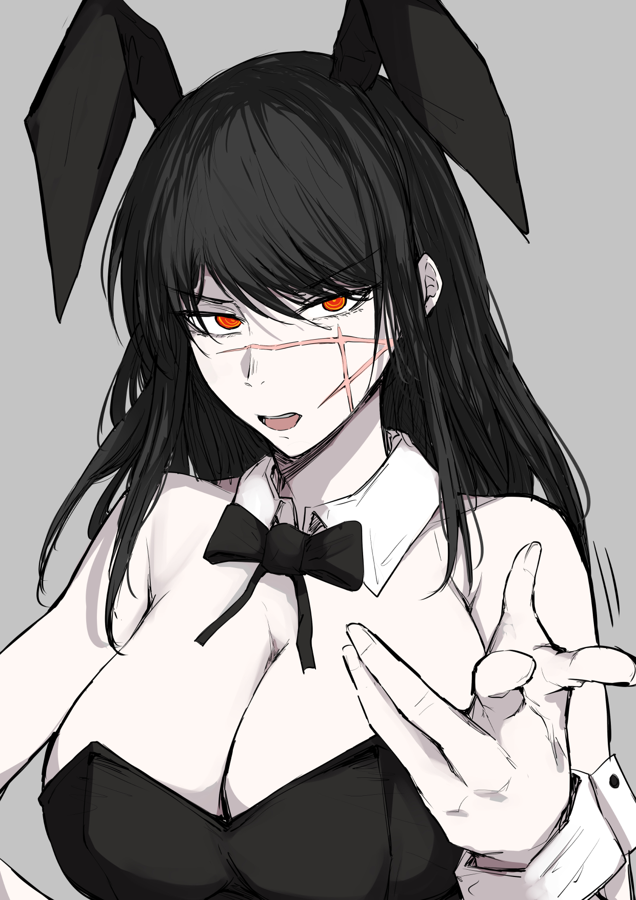 sakiya (sak1 01), yoru (chainsaw man), chainsaw man, commentary, highres, 1girl, :o, alternate breast size (larger), alternate costume, animal ear hairband, animal ears, armpit crease, black bow, black bowtie, black hair, black leotard, blowing kiss, bow, bowtie, breasts, cleavage, cross scar, detached collar, fake animal ears, fingernails, hairband, large breasts, leotard, long hair, looking at viewer, orange eyes, playboy bunny, rabbit ear hairband, rabbit ears, ringed eyes, scar, scar on face, simple background, solo, straight hair, strapless, strapless leotard, upper body, wrist cuffs