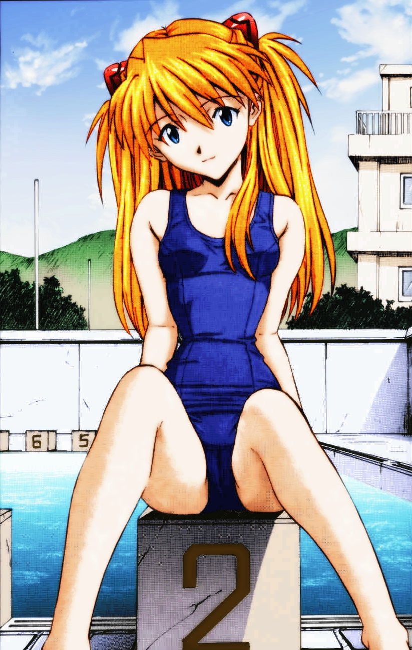izurumi, souryuu asuka langley, neon genesis evangelion, highres, 1girl, blonde hair, blue eyes, cameltoe, cloud, female focus, hairpods, long hair, looking at viewer, narrow waist, one-piece swimsuit, orange hair, outdoors, school swimsuit, sitting, sky, solo, swimsuit