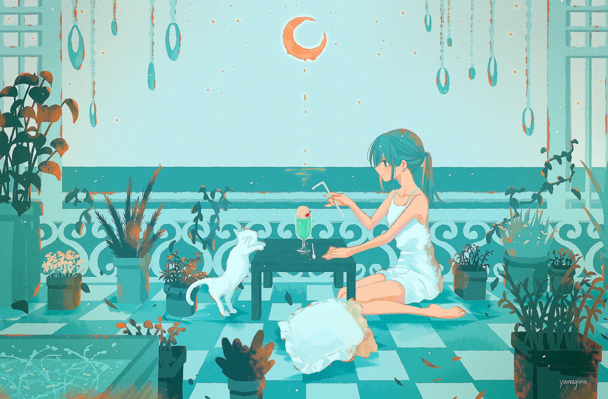 yanagima yu03, original, highres, bare arms, bare shoulders, barefoot, cat, checkered floor, collarbone, crescent moon, dress, dripping, flower pot, food, from side, holding, ice cream, ice cream float, leaf, moon, nape, pillow, plant, planter, ponytail, potted plant, sitting, sleeveless, spoon, white cat, white dress, yokozuwari
