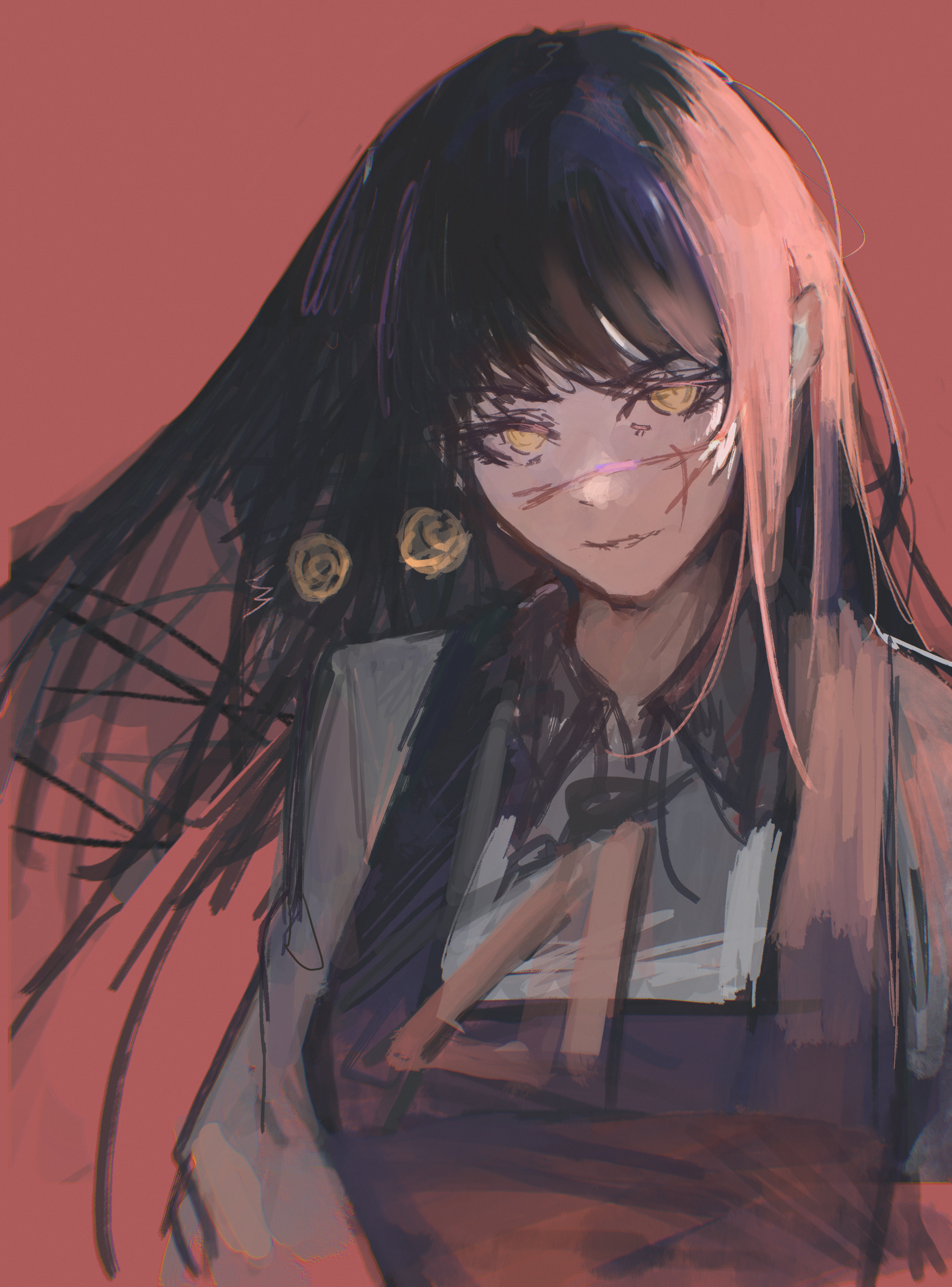 mm30212, war devil (chainsaw man), yoru (chainsaw man), chainsaw man, absurdres, commentary request, highres, 1girl, animal, animal on shoulder, black dress, black hair, dress, dress shirt, light smile, long hair, looking at viewer, pinafore dress, red background, ringed eyes, scar, scar on face, school uniform, shirt, simple background, sleeveless, sleeveless dress, upper body, white shirt