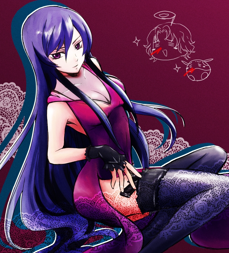 mami (apsaras), umimami, haro, lockon stratos, tieria erde, gundam, gundam 00, bad id, bad pixiv id, 00s, 1girl, aroused nosebleed, dress, female focus, fingerless gloves, genderswap, genderswap (mtf), gloves, gun, nosebleed, purple hair, solo, thighhighs, weapon