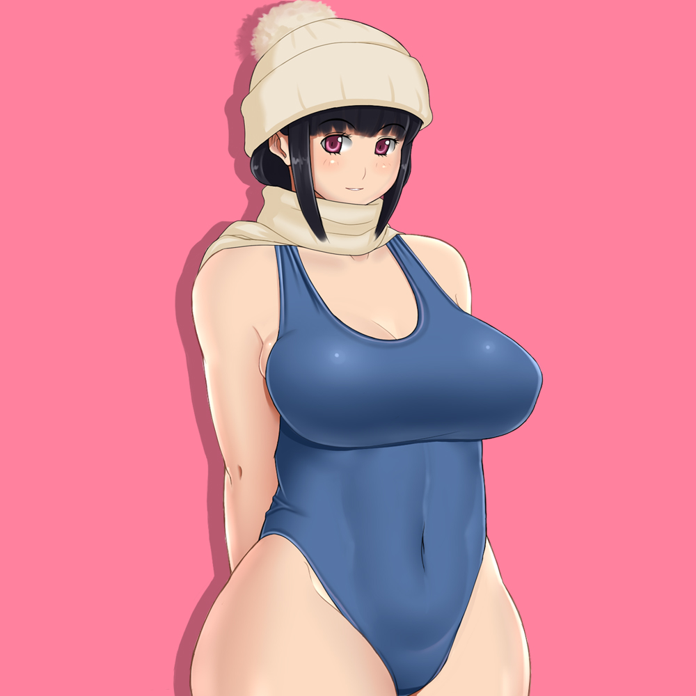 monmonism, original, bad id, bad pixiv id, bare shoulders, black hair, breasts, hat, huge breasts, one-piece swimsuit, purple eyes, scarf, short hair, solo, swimsuit