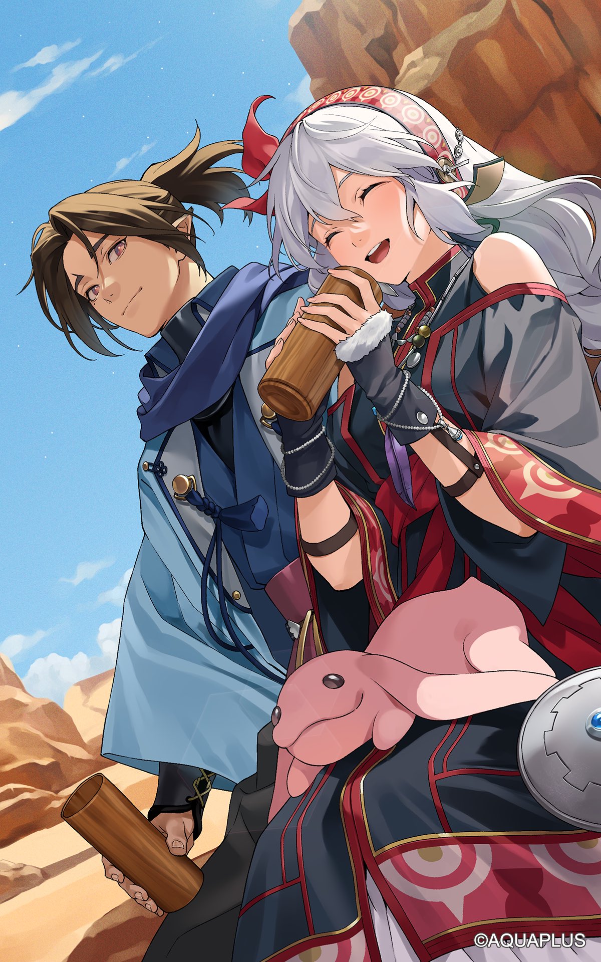 natsuko (bluecandy), oshtor, monochrome mobius, utawarerumono, utawarerumono: lost flag, highres, official art, 1girl, 2boys, ^ ^, bare shoulders, black arm warmers, black dress, blue happi, blue scarf, blue vest, brown hair, closed eyes, company name, dress, fur-trimmed sleeves, fur trim, grey hair, hairband, halu (utawarerumono), happi, high ponytail, japanese clothes, long hair, multiple boys, ponytail, red dress, red eyes, red hairband, scarf, shunya (utawarerumono), sitting, sleeveless, sleeveless dress, smile, stuffed toy, two-tone dress, very long hair, vest, wide sleeves, wooden cup