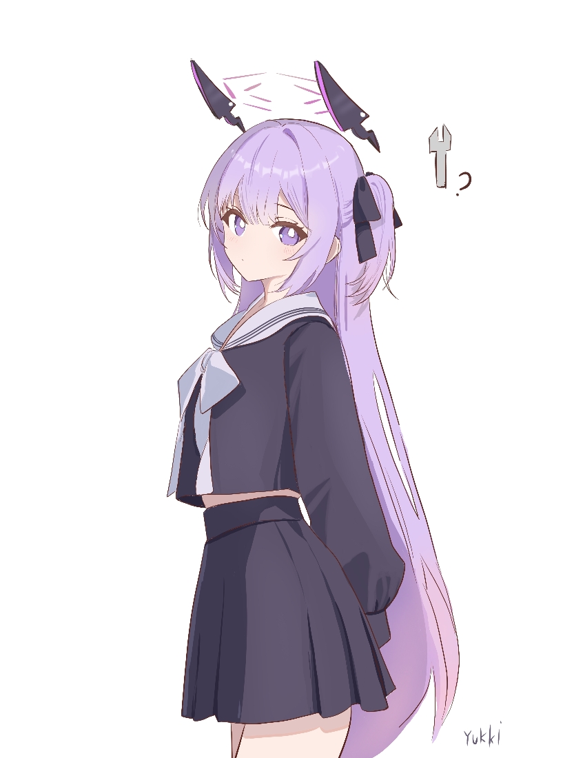 yukki83130530, utaha (blue archive), blue archive, commentary, 1girl, alternate costume, artist name, black serafuku, bright pupils, cropped shirt, halo, long hair, long sleeves, looking at viewer, midriff, one side up, pleated skirt, purple eyes, purple hair, sailor collar, school uniform, serafuku, signature, simple background, skirt, solo, very long hair, white background, white pupils, white sailor collar