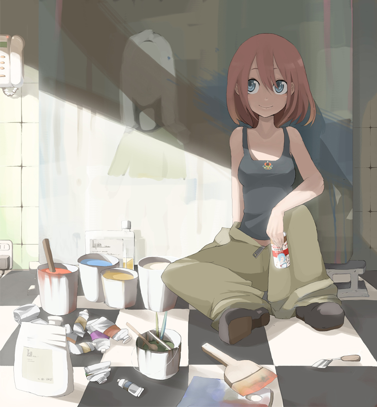 tansuke, takagi (tansuke), original, 1girl, baggy pants, blue eyes, can, female focus, happy, paint, paint can, paintbrush, painting (object), pants, pink hair, short hair, sitting, smile, solo, tank top