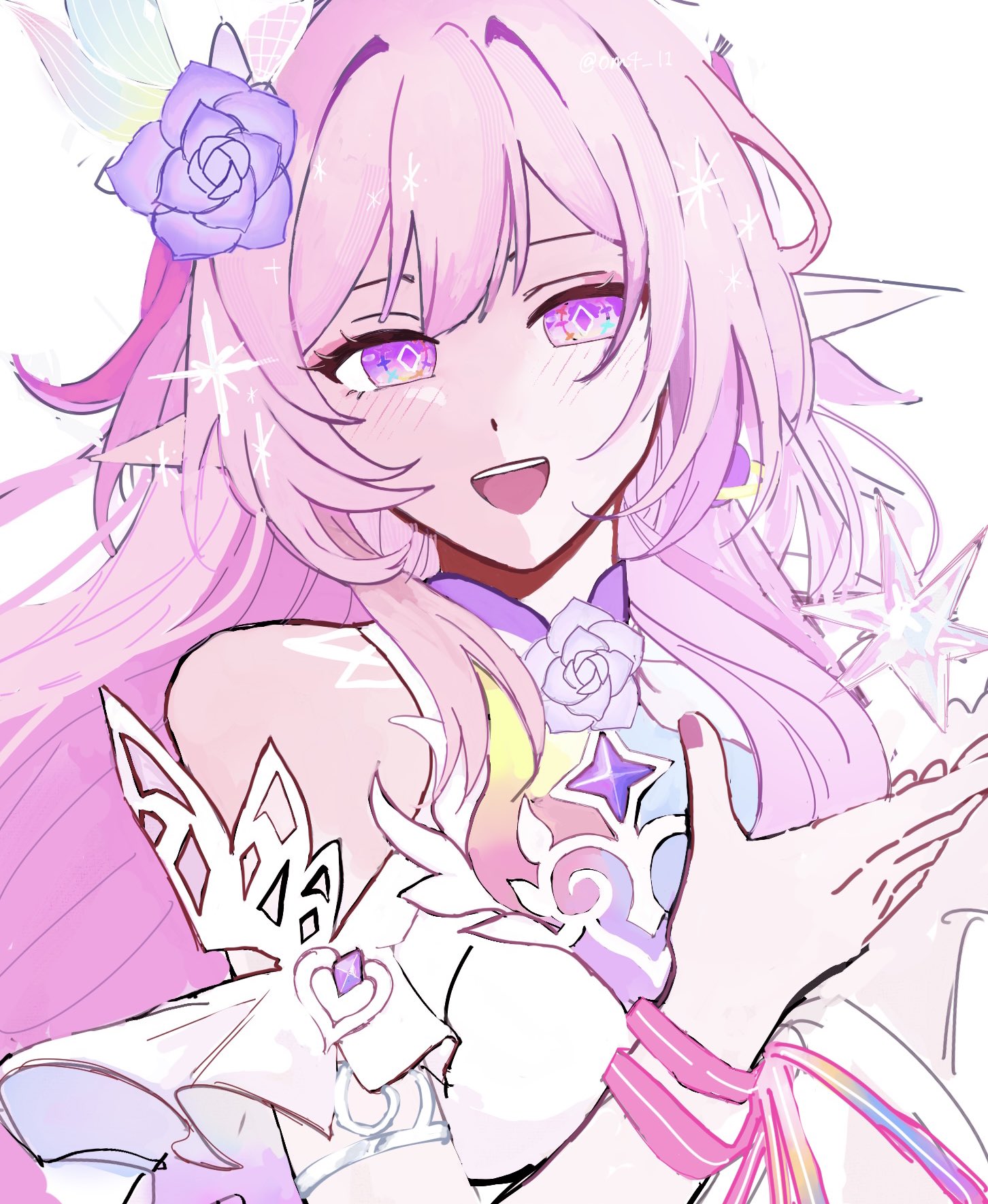 cyrene (honkai: star rail), cyrene (ripples of past reverie) (honkai: star rail), honkai: star rail, honkai (series), highres, 1girl, bare shoulders, breasts, crystal, diamond-shaped pupils, diamond (shape), flower, hair flower, hair ornament, large breasts, long hair, looking at viewer, om4 l1, open mouth, pink hair, pink nails, purple eyes, simple background, solo, symbol-shaped pupils, upper body, very long hair, white background
