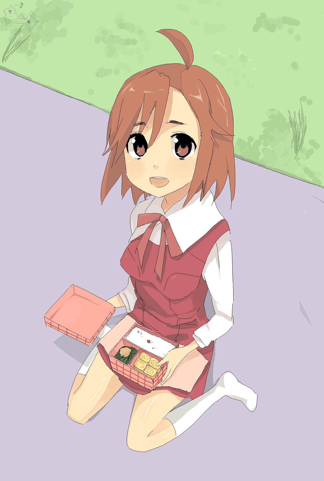 s ko, aoba tsugumi, kannagi, bad id, bad pixiv id, highres, 00s, bento, brown hair, kneeling, oekaki, picnic, short hair, socks, solo