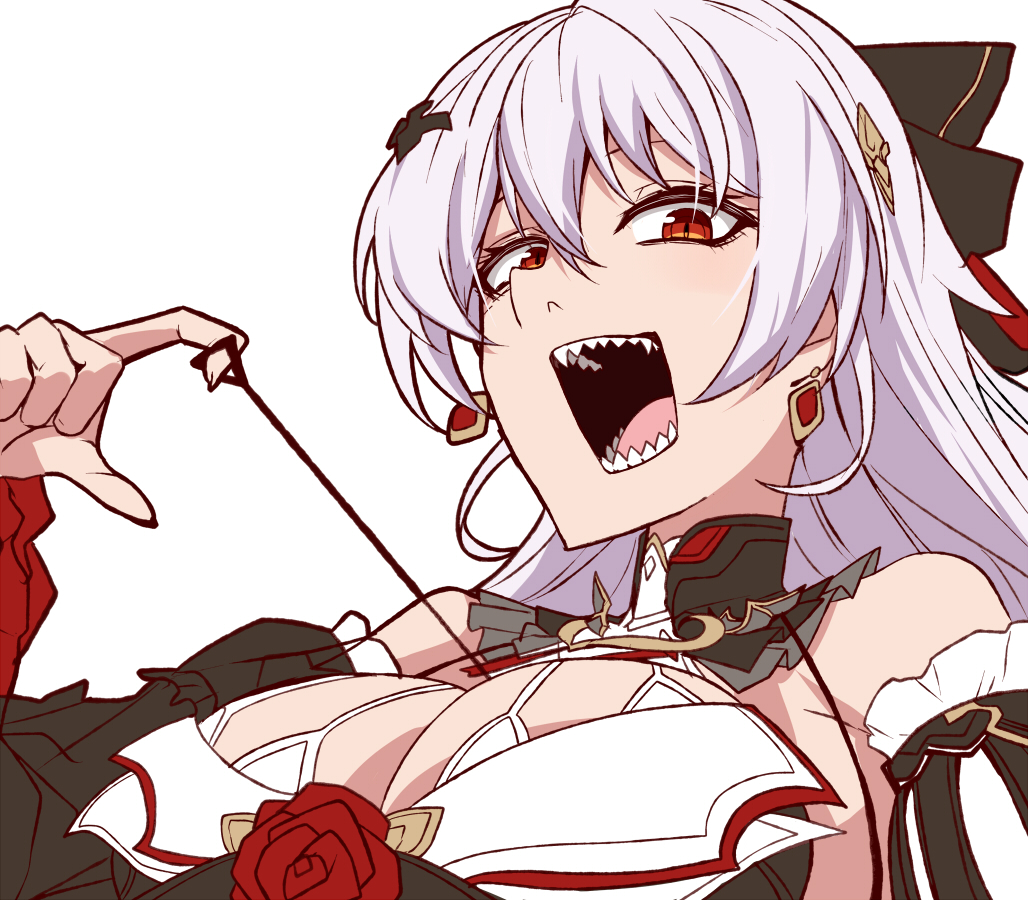 nabeiro kin, theresa apocalypse, theresa apocalypse (luna kindred), theresa apocalypse (lunar vow: crimson love), honkai (series), honkai impact 3rd, 1girl, black dress, breasts, cleavage, dress, earrings, jewelry, large breasts, long hair, looking at viewer, open mouth, red eyes, sharp teeth, simple background, solo, teeth, upper body, very long hair, white background, white hair