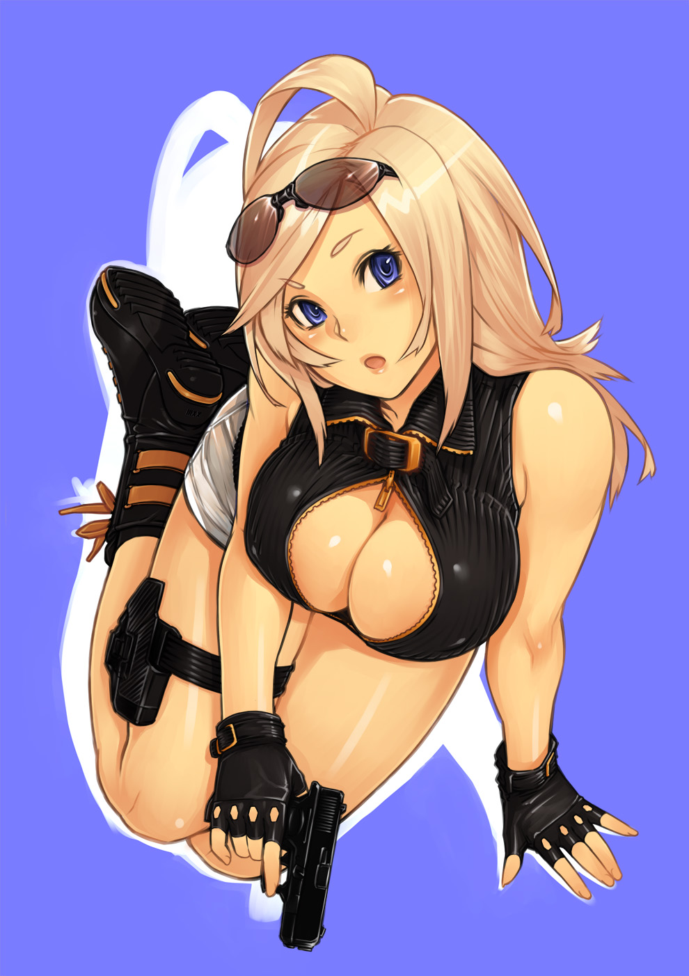 23 (real xxiii), ursula (23), original, highres, 1girl, black boots, black shirt, blonde hair, blouse, blue background, blue eyes, blush, boots, breasts, cleavage, cleavage cutout, clothing cutout, female focus, fingerless gloves, full body, glock, gloves, gold trim, gun, handgun, head tilt, holster, kneeling, lace-up boots, large breasts, legs, long hair, no bra, pistol, pocket pistol, semi-automatic pistol, shiny skin, shirt, short shorts, shorts, simple background, sleeveless, sleeveless shirt, solo, sunglasses, thigh holster, thigh strap, trigger discipline, unzipped, weapon, zipper
