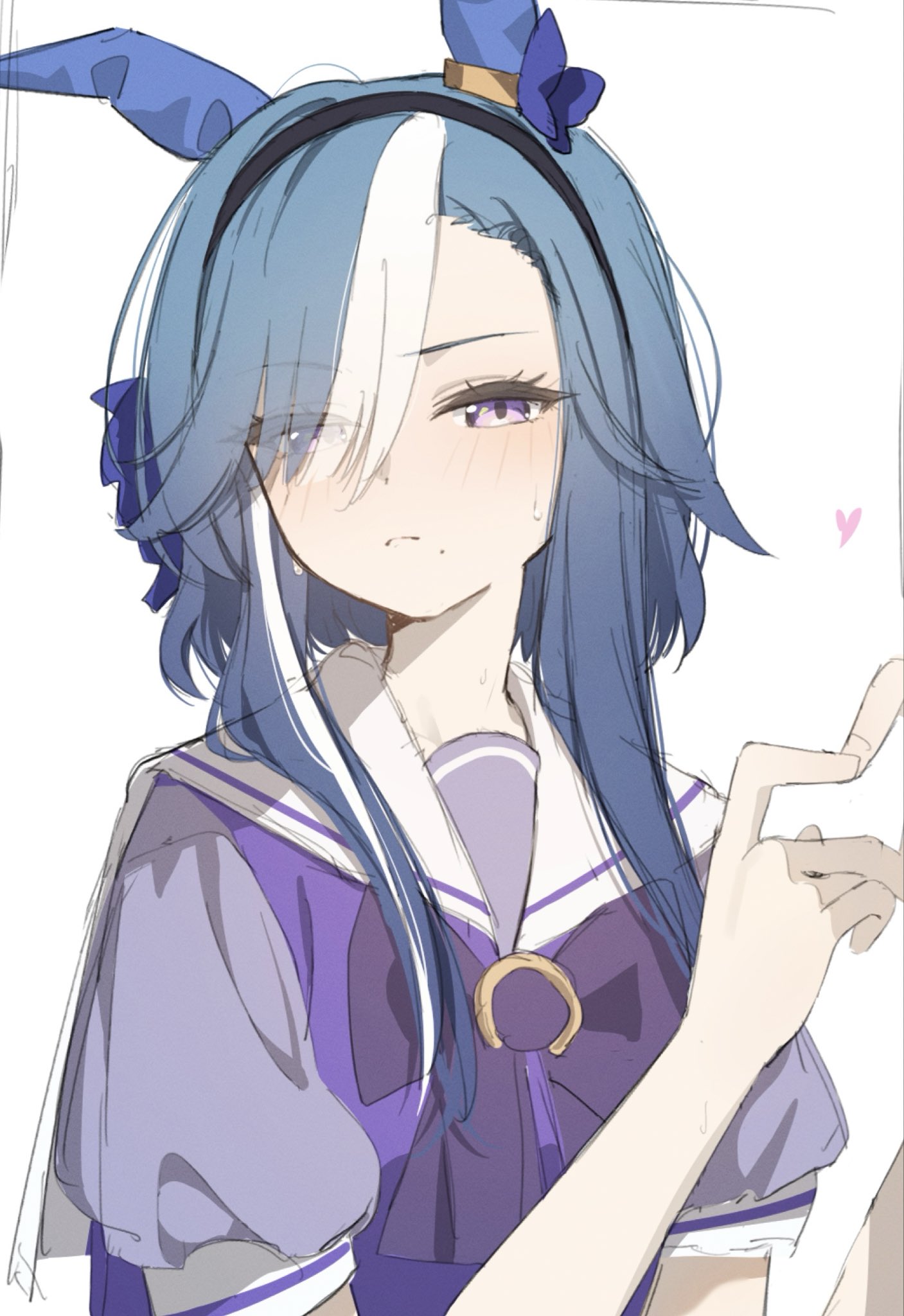 shiwa (siwaa0419), admire groove (umamusume), umamusume, highres, 1girl, animal ears, blue hair, ear covers, eyes visible through hair, hair over one eye, heart, heart hands, horse ears, long hair, looking at viewer, multicolored hair, school uniform, simple background, sketch, solo, streaked hair, tracen school uniform, white hair, world war ii