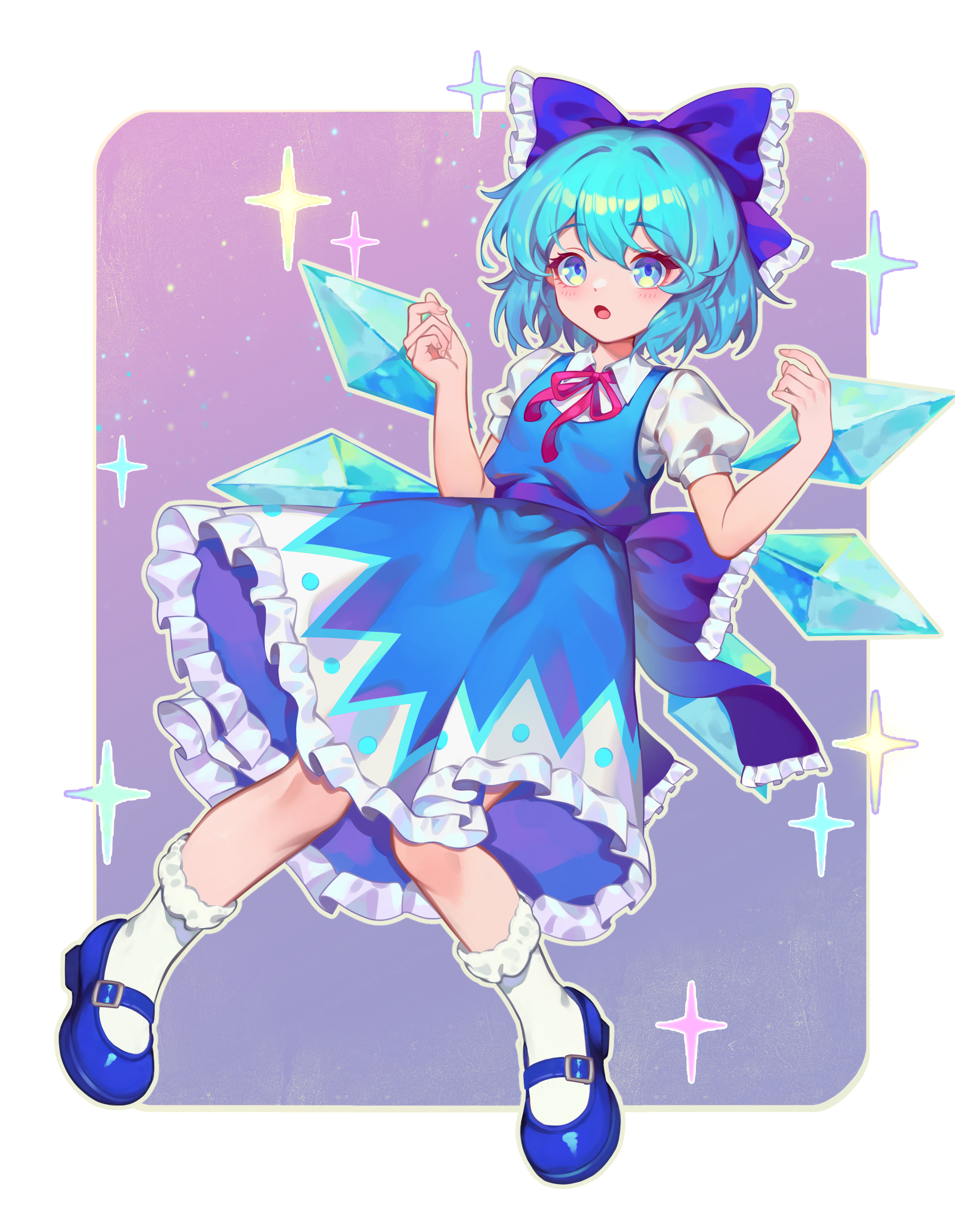dongxu, cirno, touhou, absurdres, highres, procreate (medium), redrawn, 1girl, blue bow, blue dress, blue eyes, blue hair, blue shorts, blush, bow, collared shirt, dress, frilled bow, frilled dress, frilled socks, frills, full body, hair bow, ice, ice wings, looking at viewer, mary janes, neck ribbon, outline, parted lips, pinafore dress, pink ribbon, puffy short sleeves, puffy sleeves, ribbon, shirt, shoes, short hair, short sleeves, shorts, sleeveless, sleeveless dress, socks, solo, sparkle, sparkling aura, white outline, white socks, wings