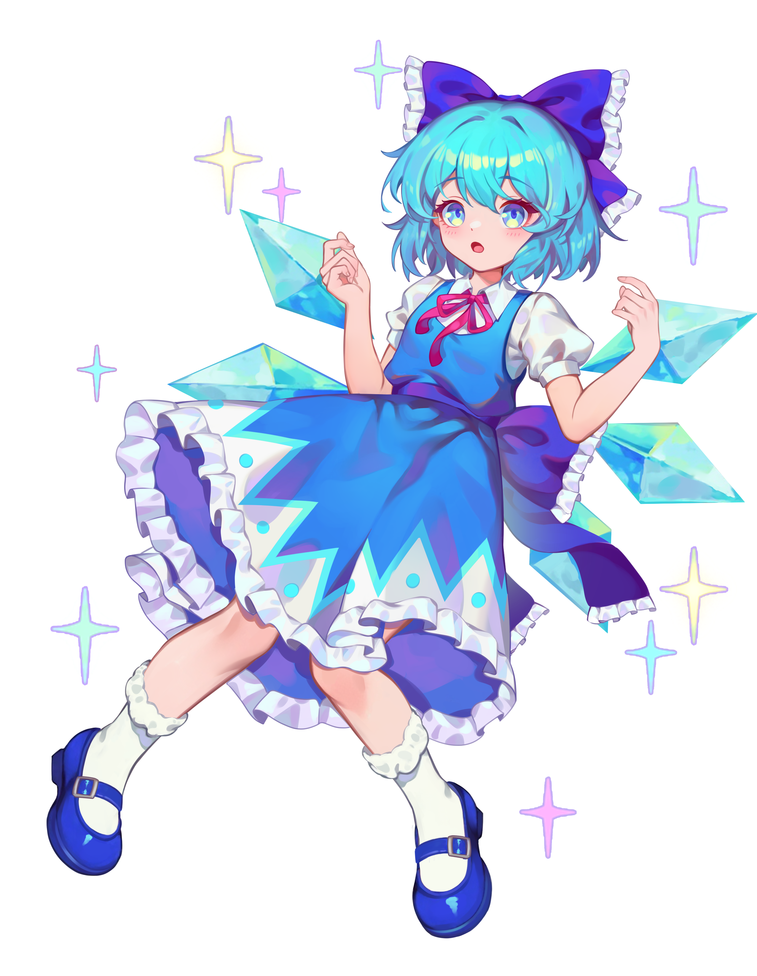 dongxu, cirno, touhou, absurdres, highres, procreate (medium), redrawn, 1girl, blue bow, blue dress, blue eyes, blue hair, blue shorts, blush, bow, collared shirt, dress, frilled bow, frilled dress, frilled socks, frills, full body, hair bow, ice, ice wings, looking at viewer, mary janes, neck ribbon, parted lips, pinafore dress, pink ribbon, puffy short sleeves, puffy sleeves, ribbon, shirt, shoes, short hair, short sleeves, shorts, simple background, sleeveless, sleeveless dress, socks, solo, sparkle, sparkling aura, white background, white socks, wings