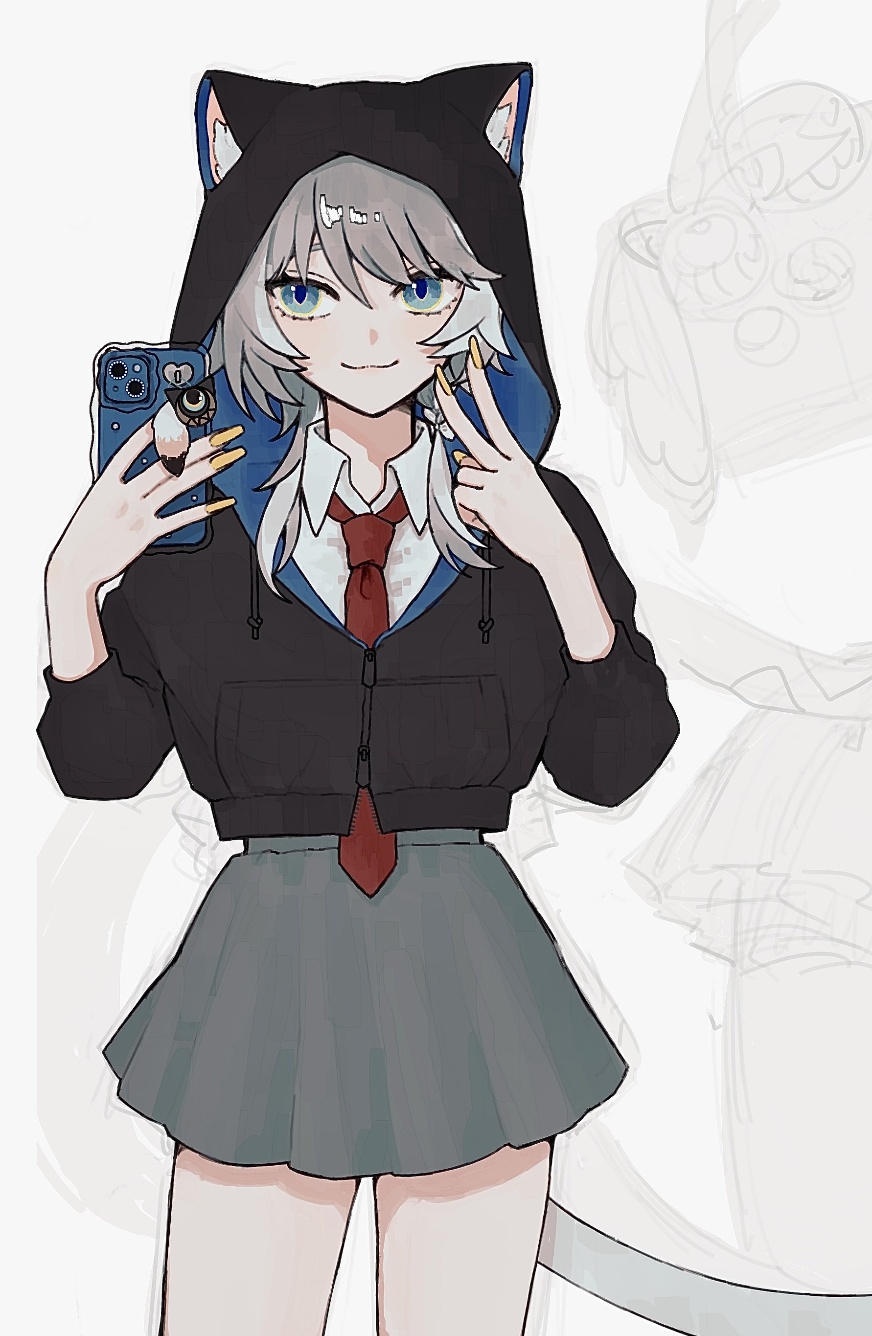 cipher (honkai: star rail), honkai: star rail, honkai (series), absurdres, highres, 1girl, achi2 inu, animal ear fluff, animal ears, blue eyes, bow, cat ears, cat girl, cat tail, grey hair, hood, hoodie, multicolored eyes, necktie, phone, shirt, simple background, skirt, tail, two-tone eyes, v, yellow nails