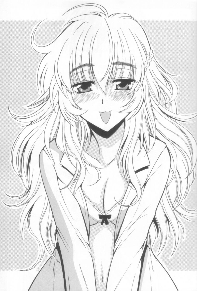 teletha testarossa, full metal panic!, highres, 00s, 1girl, breasts, cleavage, female focus, greyscale, long hair, monochrome, open clothes, open shirt, shirt, solo, wavy hair