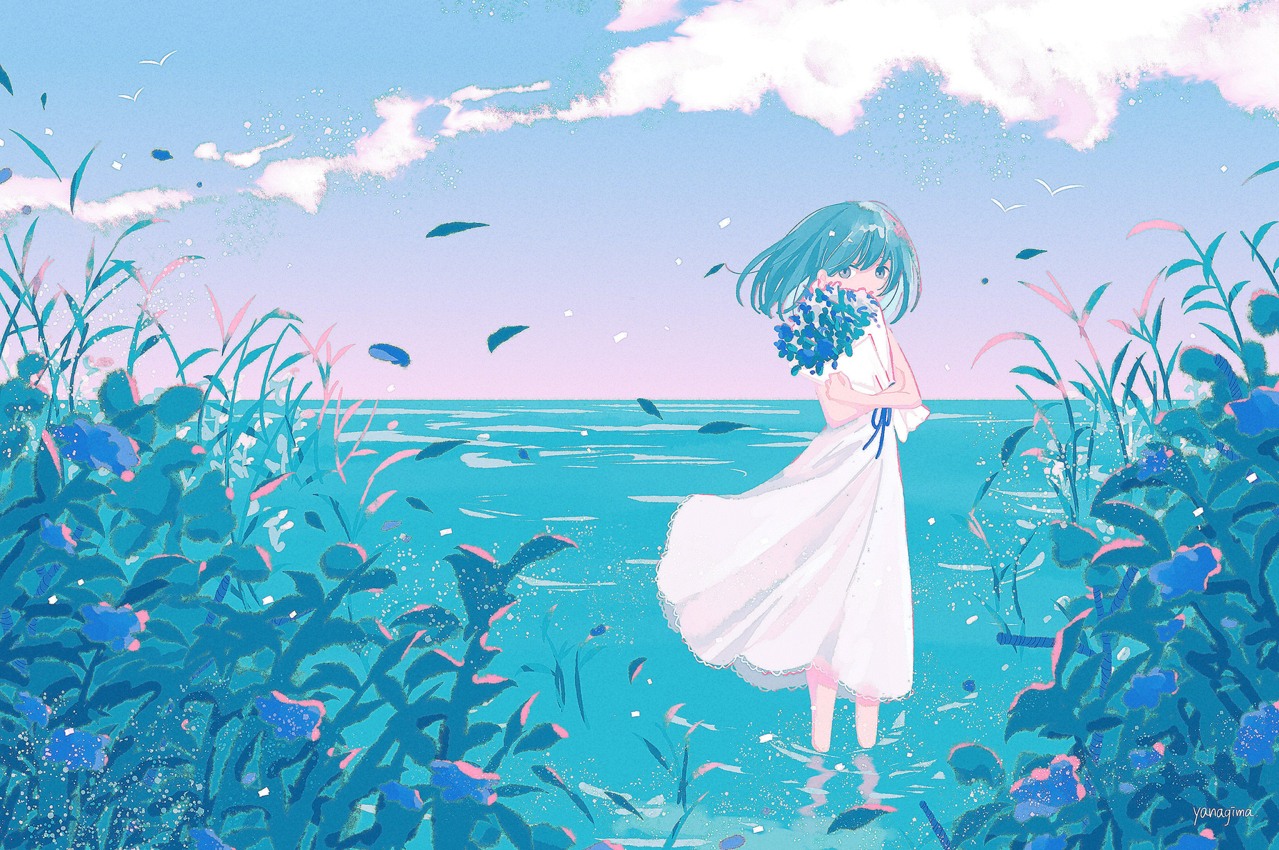 yanagima yu03, original, highres, bouquet, cloud, dress, flower, holding, lace, lace-trimmed dress, lace trim, leaf, looking at viewer, medium hair, petals, sky, wading, white dress