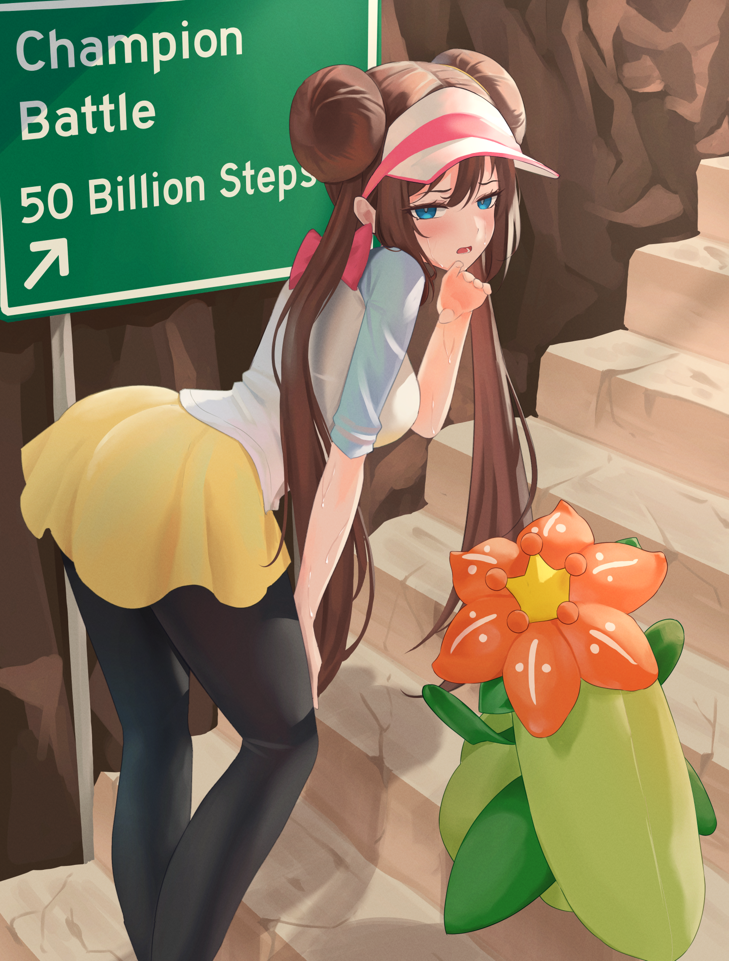revvie, lilligant, rosa (pokemon), nintendo, pokemon, pokemon bw2, highres, 2girls, black pantyhose, blue eyes, blush, breasts, brown hair, donut hair bun, double bun, flower, gen 5 pokemon, green hair, hair bun, hat, large breasts, long hair, monster girl, multiple girls, open mouth, outdoors, pantyhose, pantyhose under shorts, plant girl, pokemon (creature), raglan sleeves, road sign, shirt, shorts, sign, stairs, stone stairs, sweat, twintails, visor cap, yellow shorts