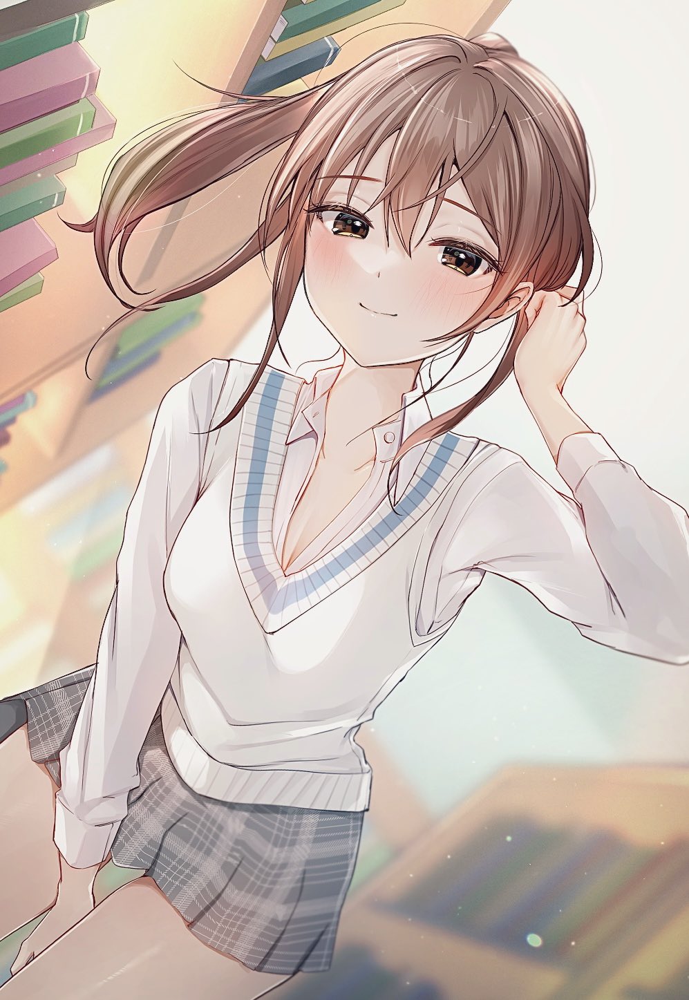 uiri-na, original, commentary request, highres, 1girl, between legs, bookshelf, breasts, brown eyes, brown hair, cleavage, closed mouth, collared shirt, cowboy shot, dutch angle, grey skirt, hand between legs, hand up, indoors, leaning forward, library, light blush, light smile, long sleeves, looking at viewer, medium hair, miniskirt, plaid clothes, plaid skirt, ponytail, school uniform, shirt, skirt, solo, standing, sweater vest, v-neck, white shirt, white sweater vest
