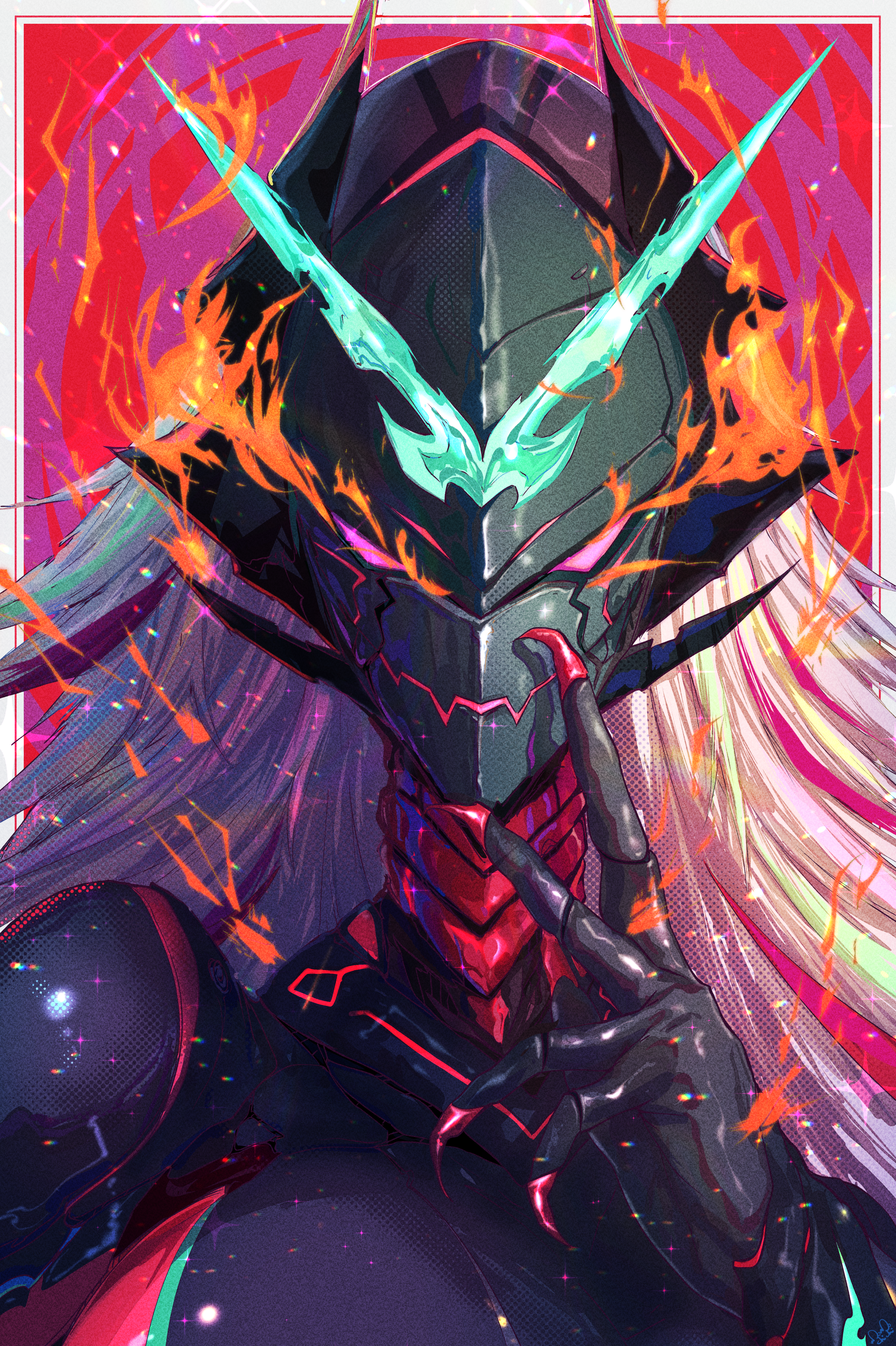 momoyama tits, zentreya, zentreya (cyber dragon), indie virtual youtuber, absurdres, commentary request, highres, partial commentary, 1girl, bodysuit, border, breasts, fire, large breasts, long hair, mask, red claws, solo, virtual youtuber, white border