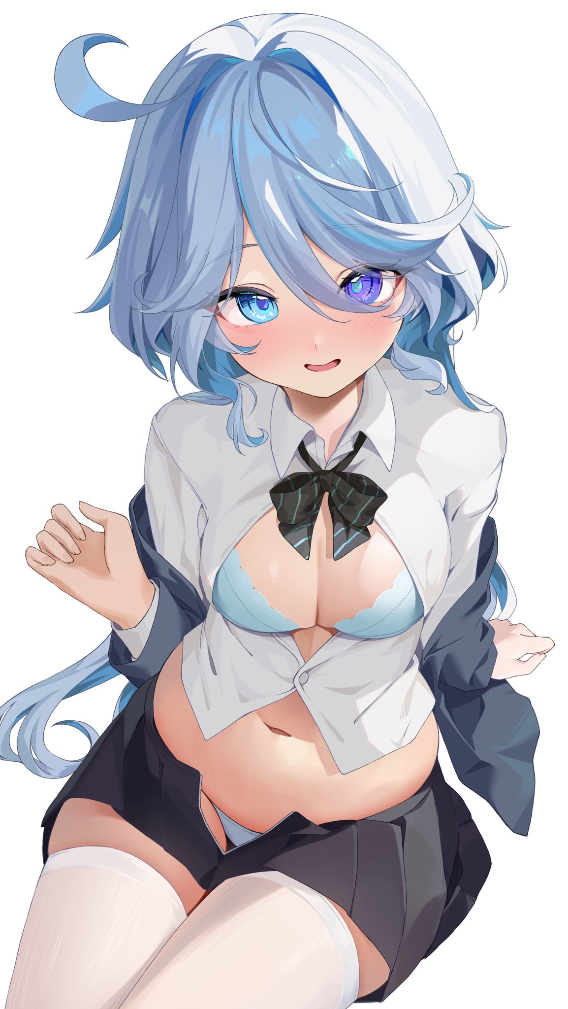 chobonu, furina (genshin impact), genshin impact, commentary, commentary request, english commentary, highres, 1girl, ahoge, black skirt, blue bra, blue eyes, blue hair, blue panties, bra, breasts, heterochromia, long hair, looking at viewer, midriff, miniskirt, navel, panties, parted lips, shirt, simple background, skirt, small breasts, solo, thighhighs, underwear, very long hair, white background, white shirt, white thighhighs