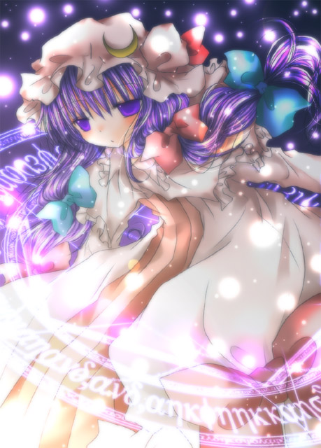 kasuga sunao, patchouli knowledge, touhou, 1girl, crescent hat ornament, female focus, hat, hat ornament, long hair, magic circle, purple hair, solo